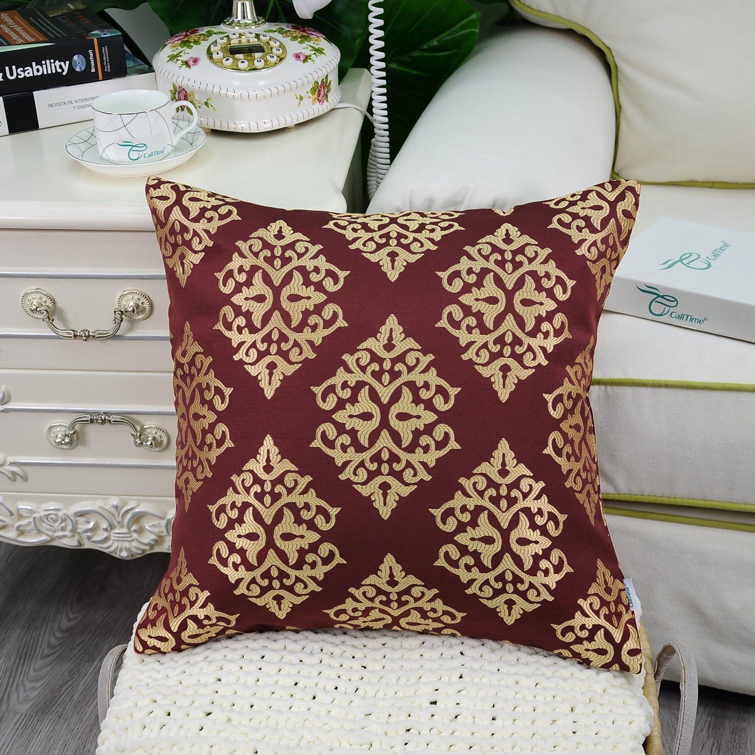 Pack of 2 Soft Jacquard Throw Pillow Covers Cases for Couch Sofa Home Decoration Vintage Diamond Shape Damask Floral 18 X 18 Inches Burgundy Gold