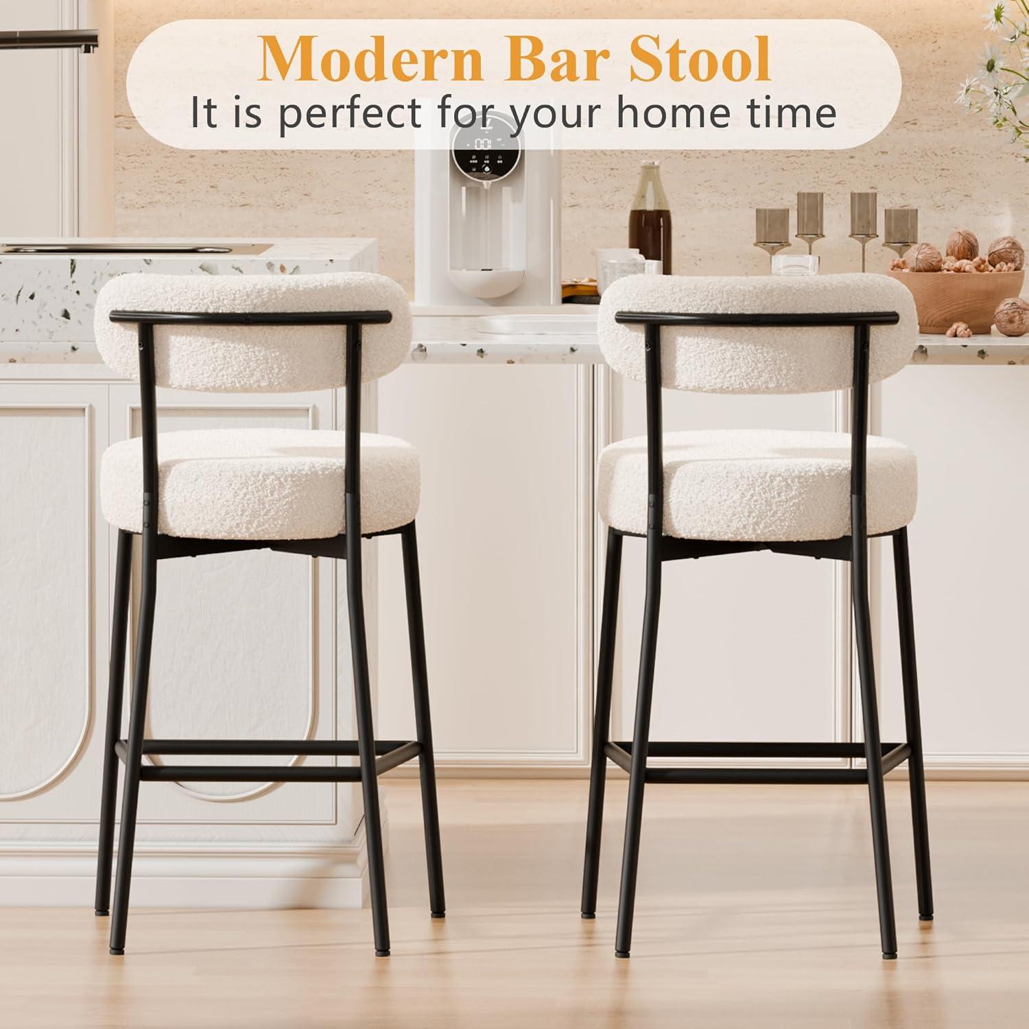 White Boucle Upholstered Metal Frame Bar Stools, Set of 2