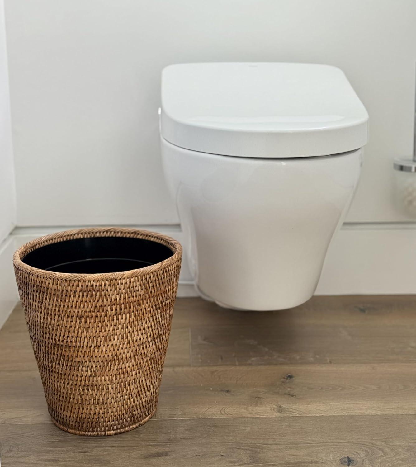 Honey Brown Rattan Wastebasket with Plastic Insert