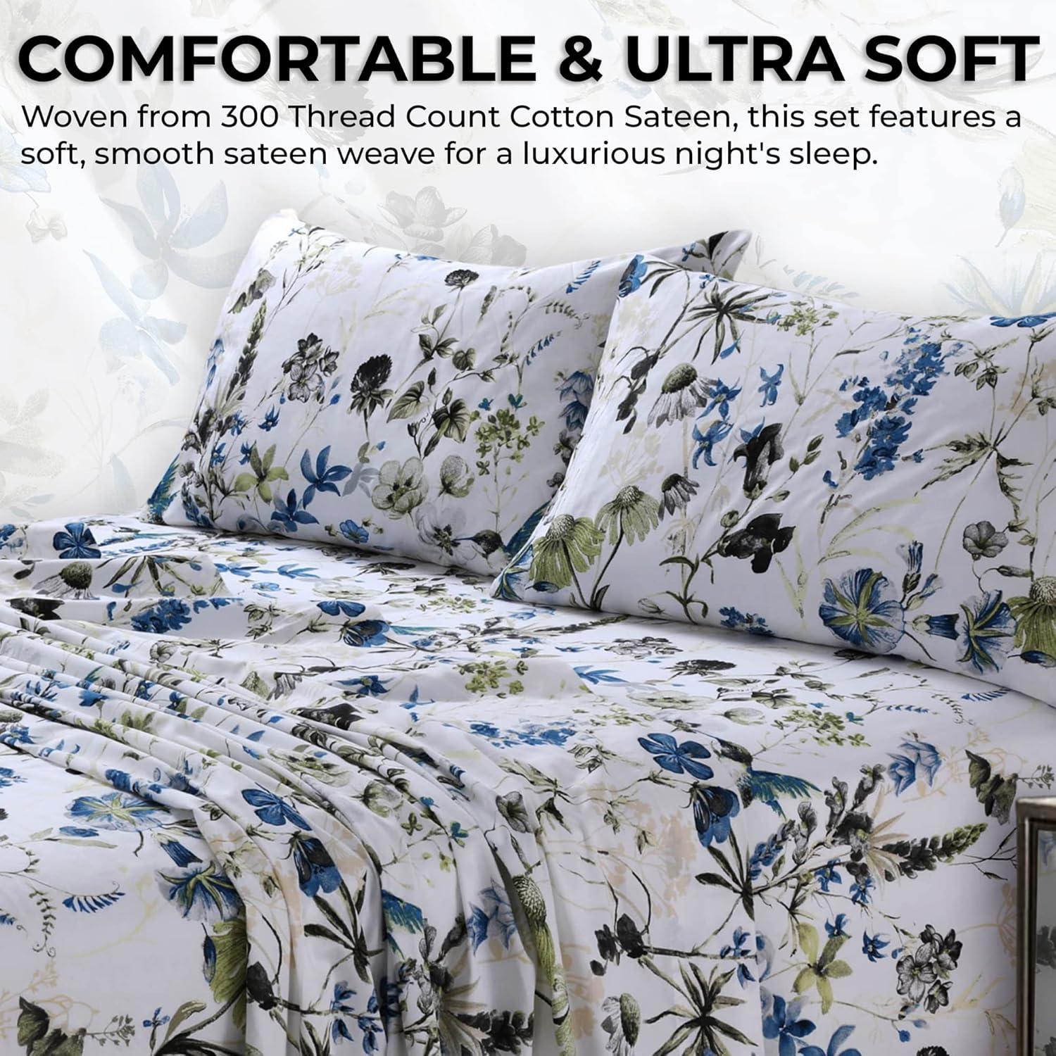 Tribeca Living Printed 300 Thread Count Sheets 100% Cotton Floral Sheet Set