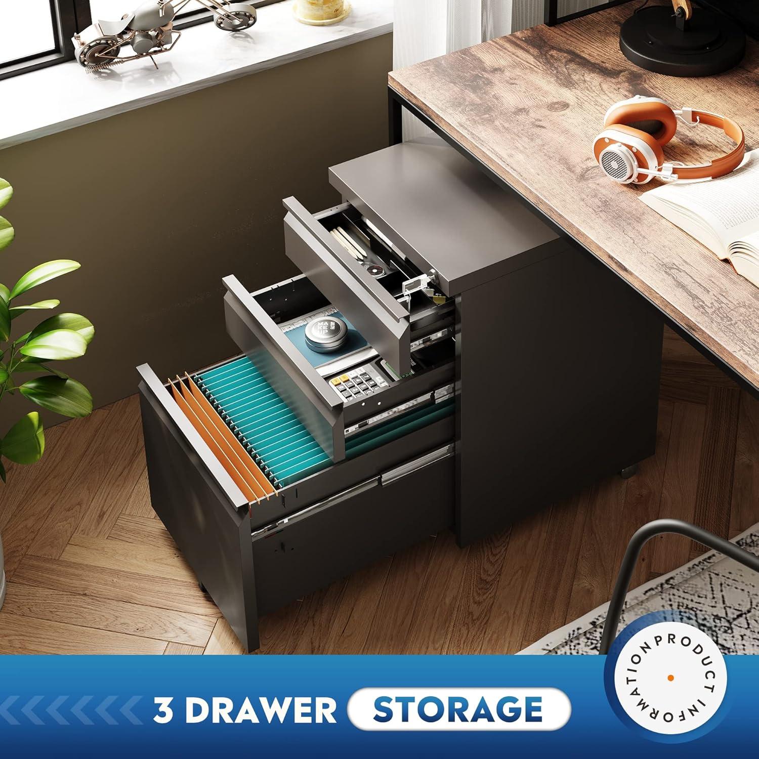 Black Mobile 3-Drawer Lockable Steel File Cabinet