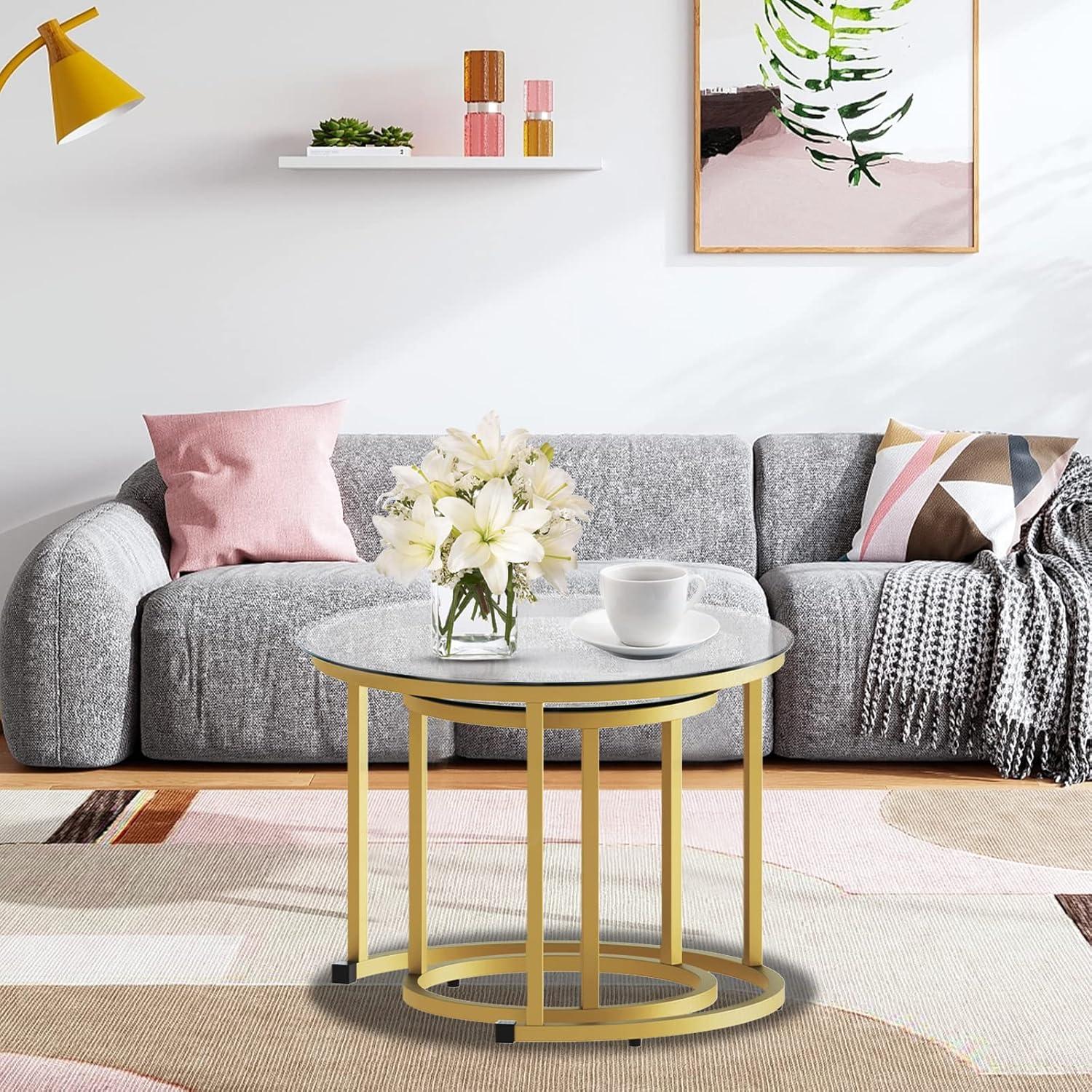 Gold Round Glass Nesting Coffee Table Set with Metal Frame