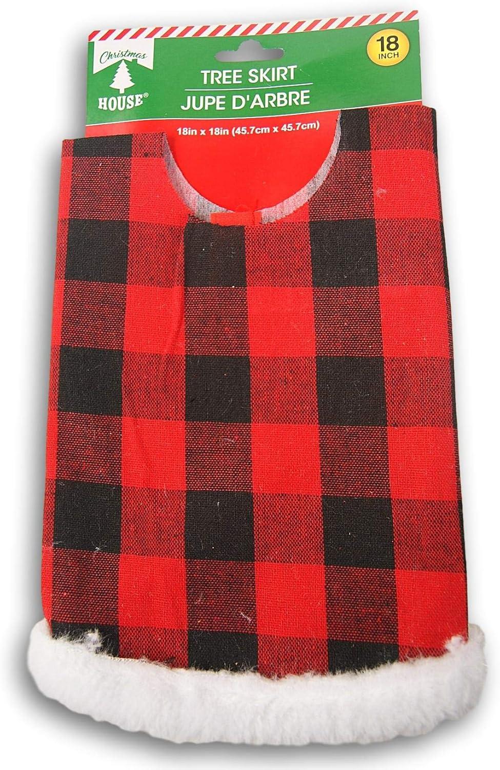 Mini Christmas Tree Skirt - Buffalo Plaid - Red & Black Check with Faux Fur Border - 18 Inch