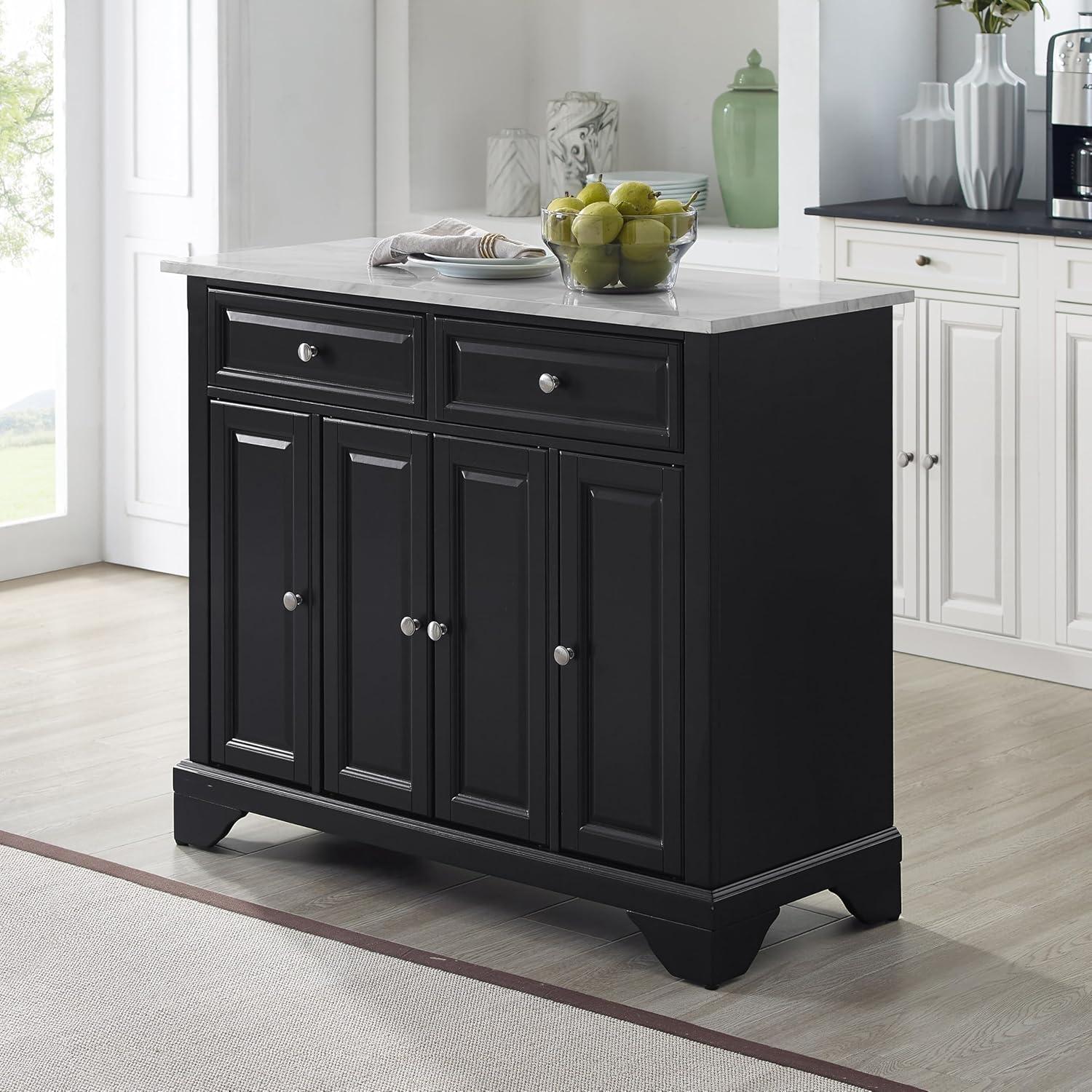 Crosley 42" Avery Kitchen Island/Cart Distressed Black/White Marble: Traditional Style, 6 Shelves, 2 Drawers, Locking Wheels