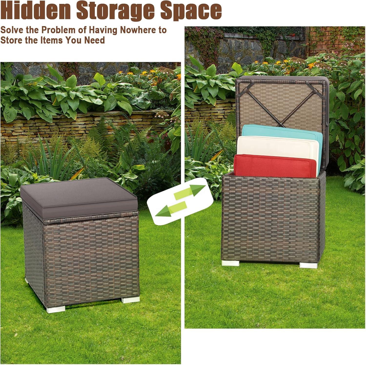 Gray Rattan Outdoor Storage Ottoman Set with Cushions