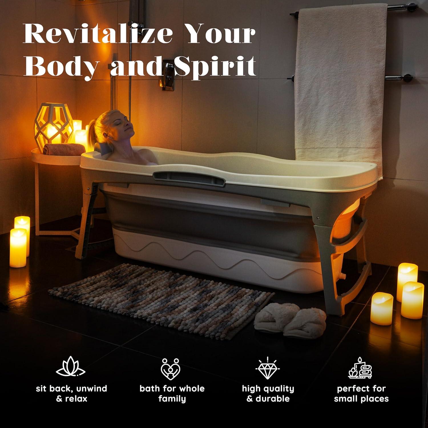 Portable Bathtub for Adult - Large 56'in Foldable Collapsible tub - Ergonomically Designed for the Ultimate Relaxing Soaking Bath. Ideal for Small Spaces - Quick, Effortless Folding Bathtub