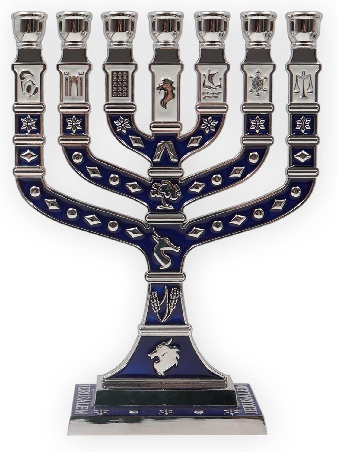 Traditional 7 Branch Jerusalem Menorah with Enamel Finish, Featuring the 12 Tribes of Israel, Jewish Candle Holders (10.8 Inch)