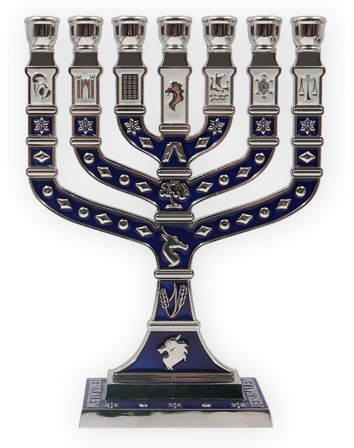 Traditional 7 Branch Jerusalem Menorah with Enamel Finish, Featuring the 12 Tribes of Israel, Jewish Candle Holders (10.8 Inch)