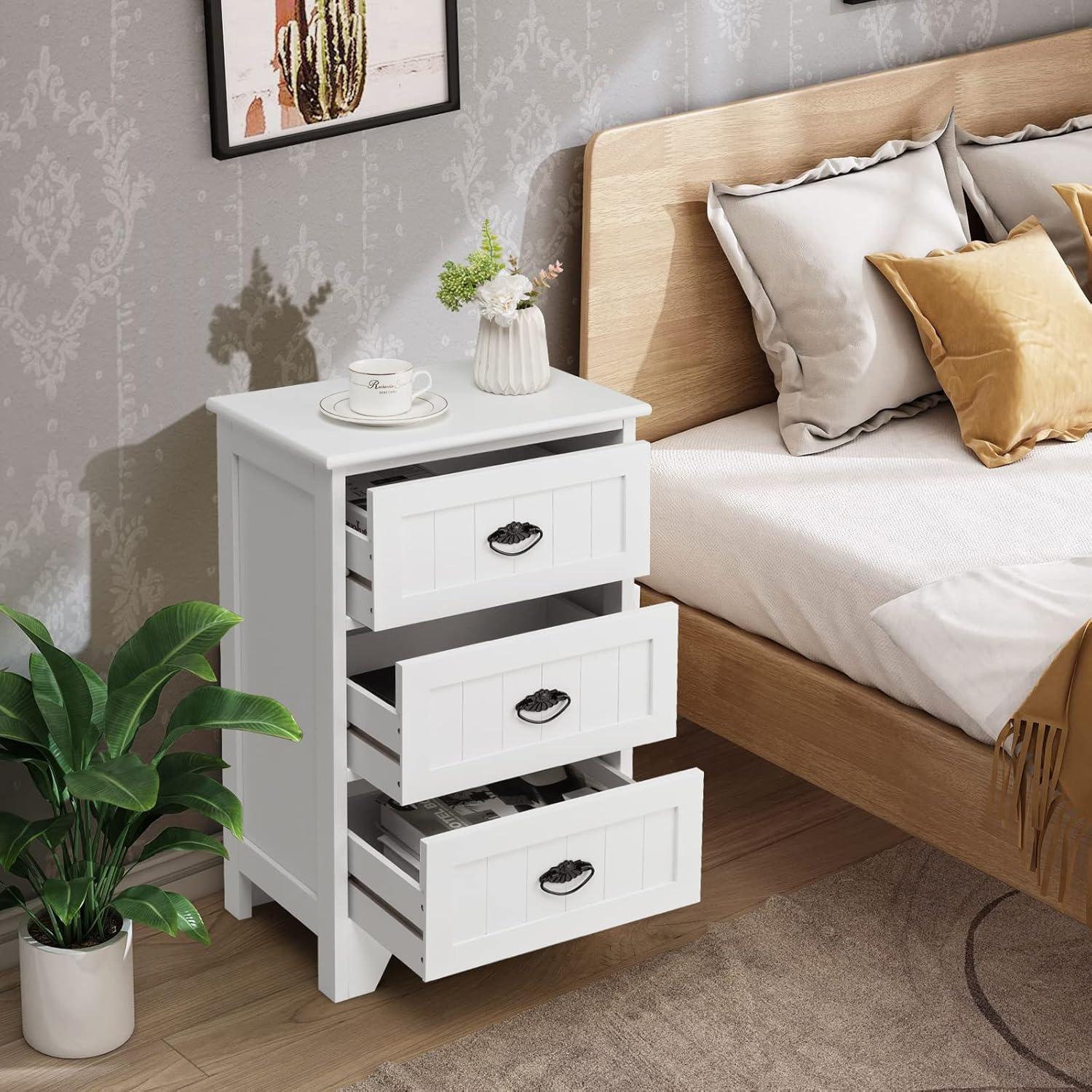 Elegant White 3-Drawer Nightstand with Vintage Metal Handles