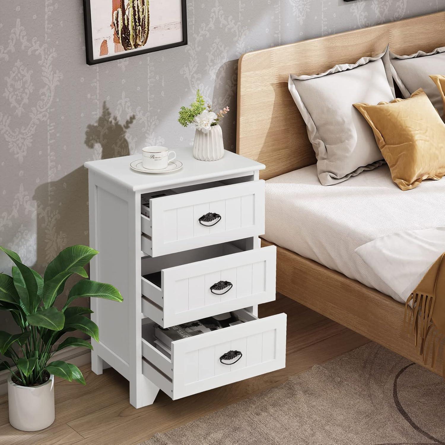 Gymax End Table Nightstand Bedroom Storage w/ 3 Drawers & Wood Slide White