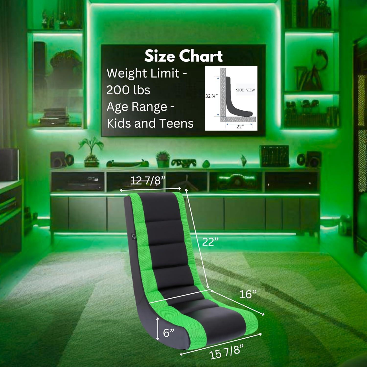 The Crew Furniture Classic Video Rocker Floor Gaming Chair, Kids and Teens, PU Faux Leather & Polyester Mesh, Black/Green