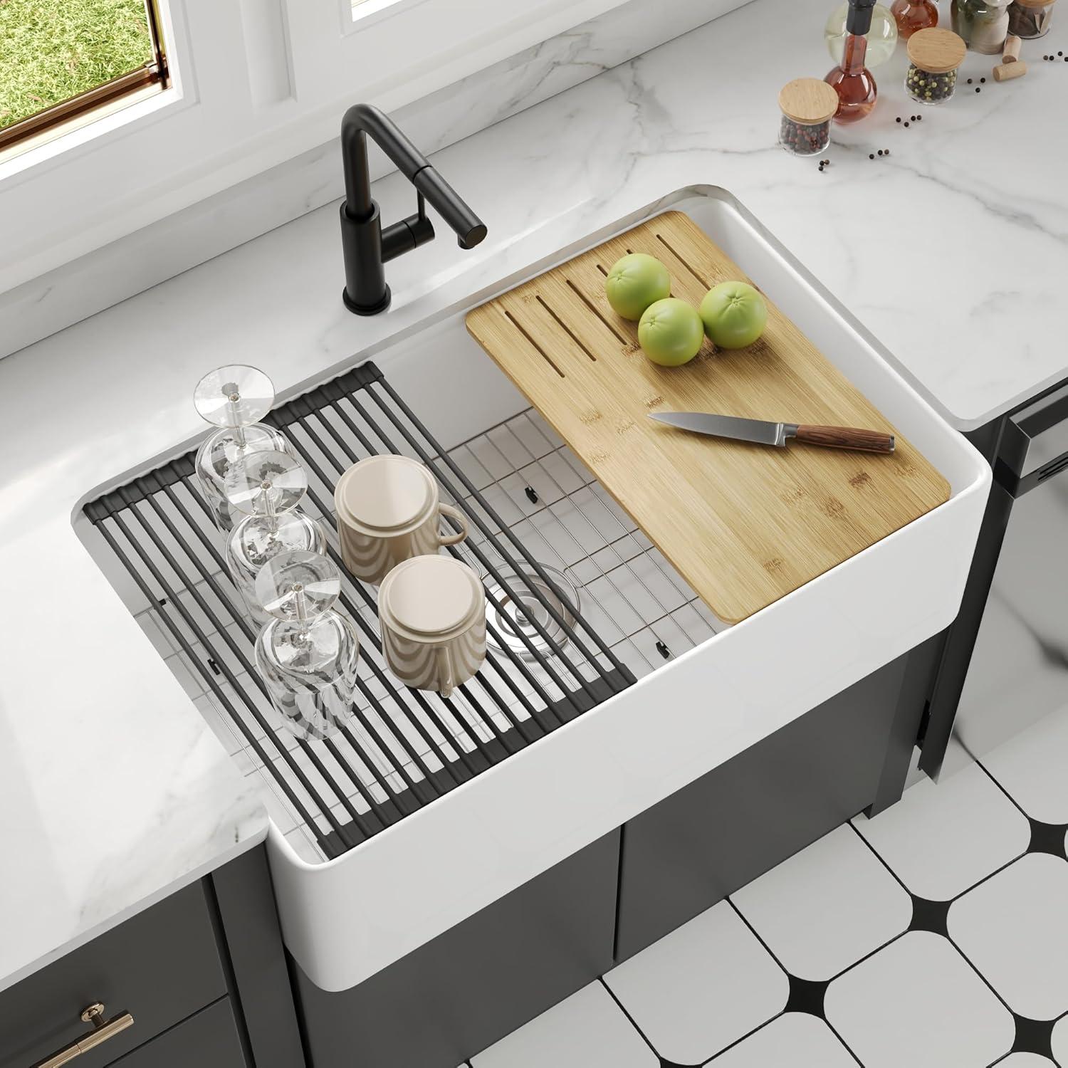 Pure 33 in. Workstation White Kitchen Sink Apron Front Fireclay Farmhouse Sink Single Bowl with Accessory Kit