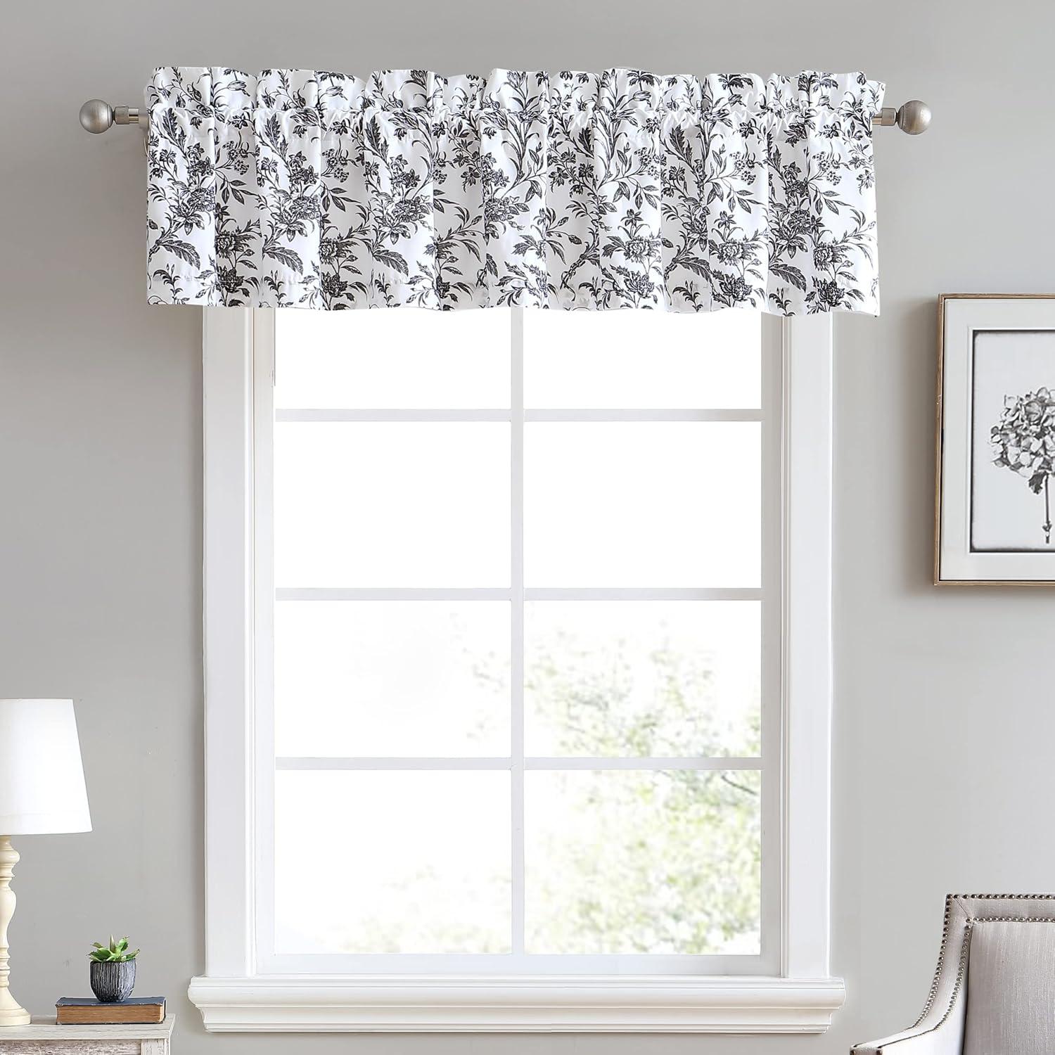 Laura Ashley Amberley Black/White Floral 100% Cotton Pole Top Window Valance 86 inches