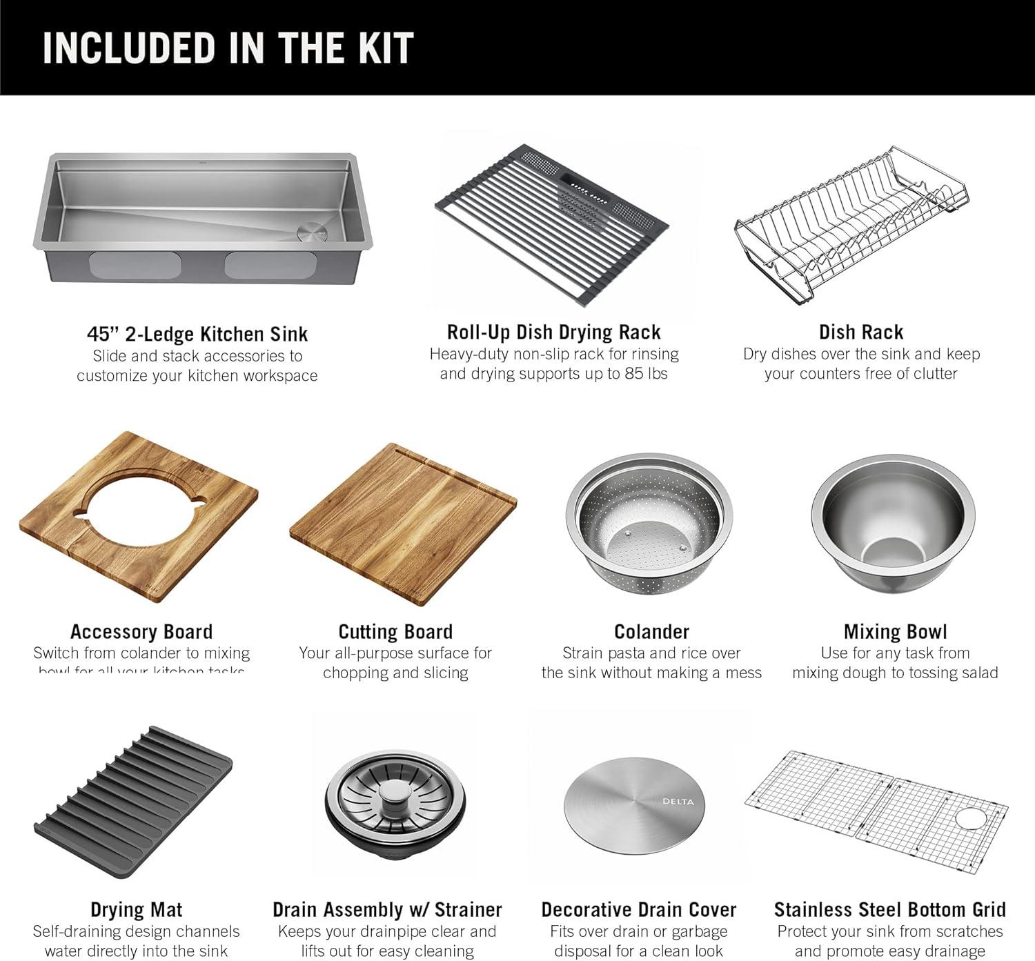 Delta Lorelai™ 45" L Workstation Kitchen Sink Undermount 16 Gauge Stainless Steel Single Bowl with 2-Tier WorkFlow™ Ledge