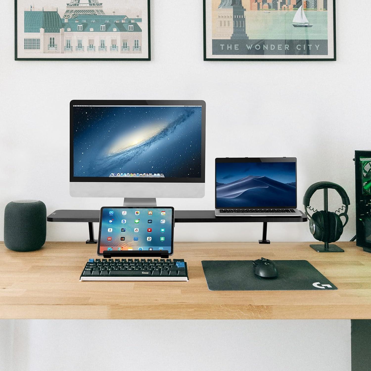 Black Dual Monitor Clamp-On Desk Shelf with Slide-Out Holder