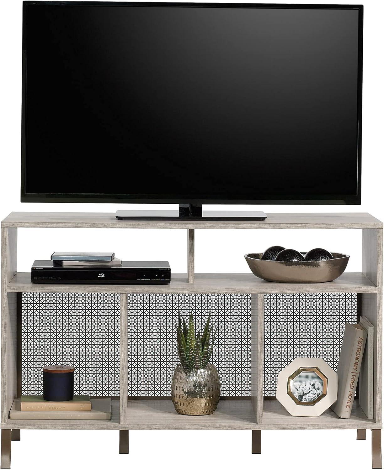 Sauder Center City TV Stand with Divided Storage Shelves, Champagne Oak Finish