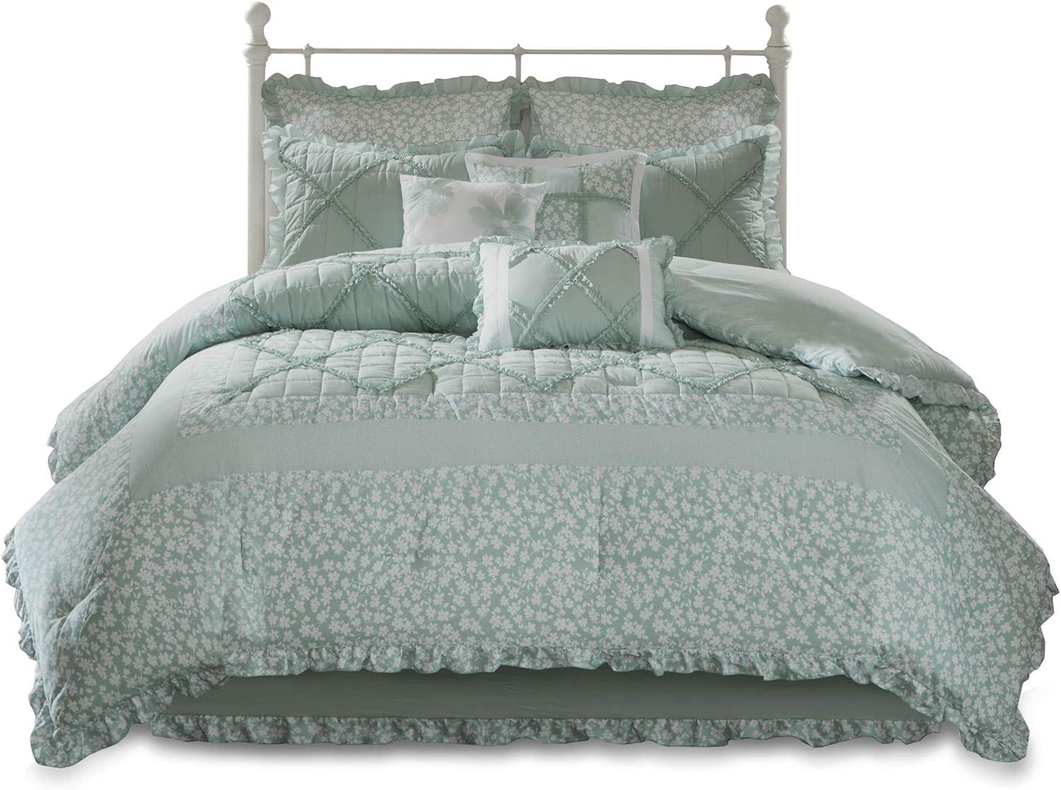 Seafoam Green Cotton Queen Comforter Set with Decorative Pillows