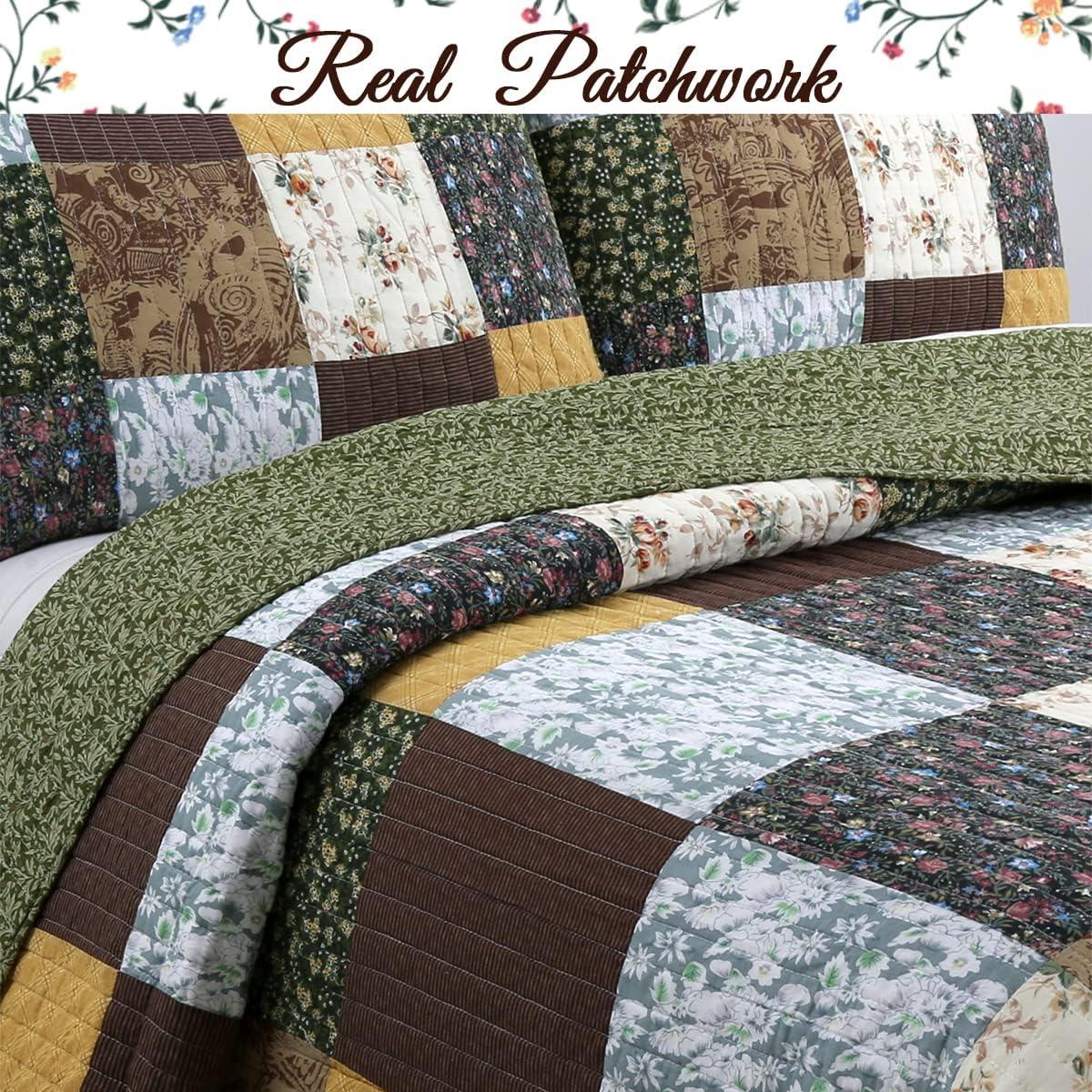 King Size Brown and Green Cotton Patchwork Quilt Set