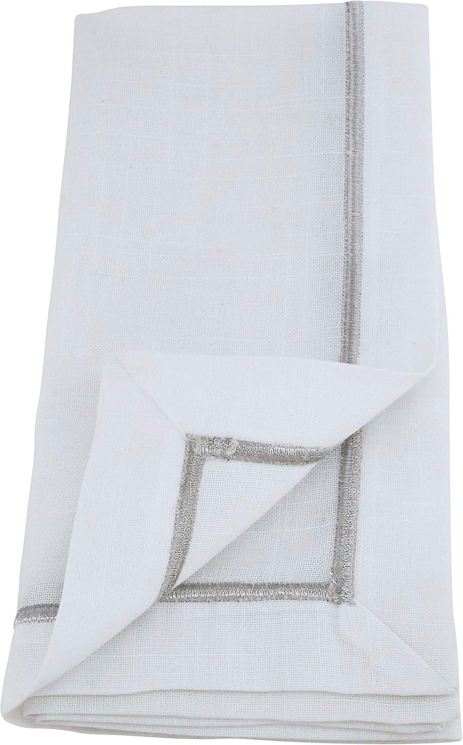 White and Silver Embroidered Polyester Dinner Napkin Set