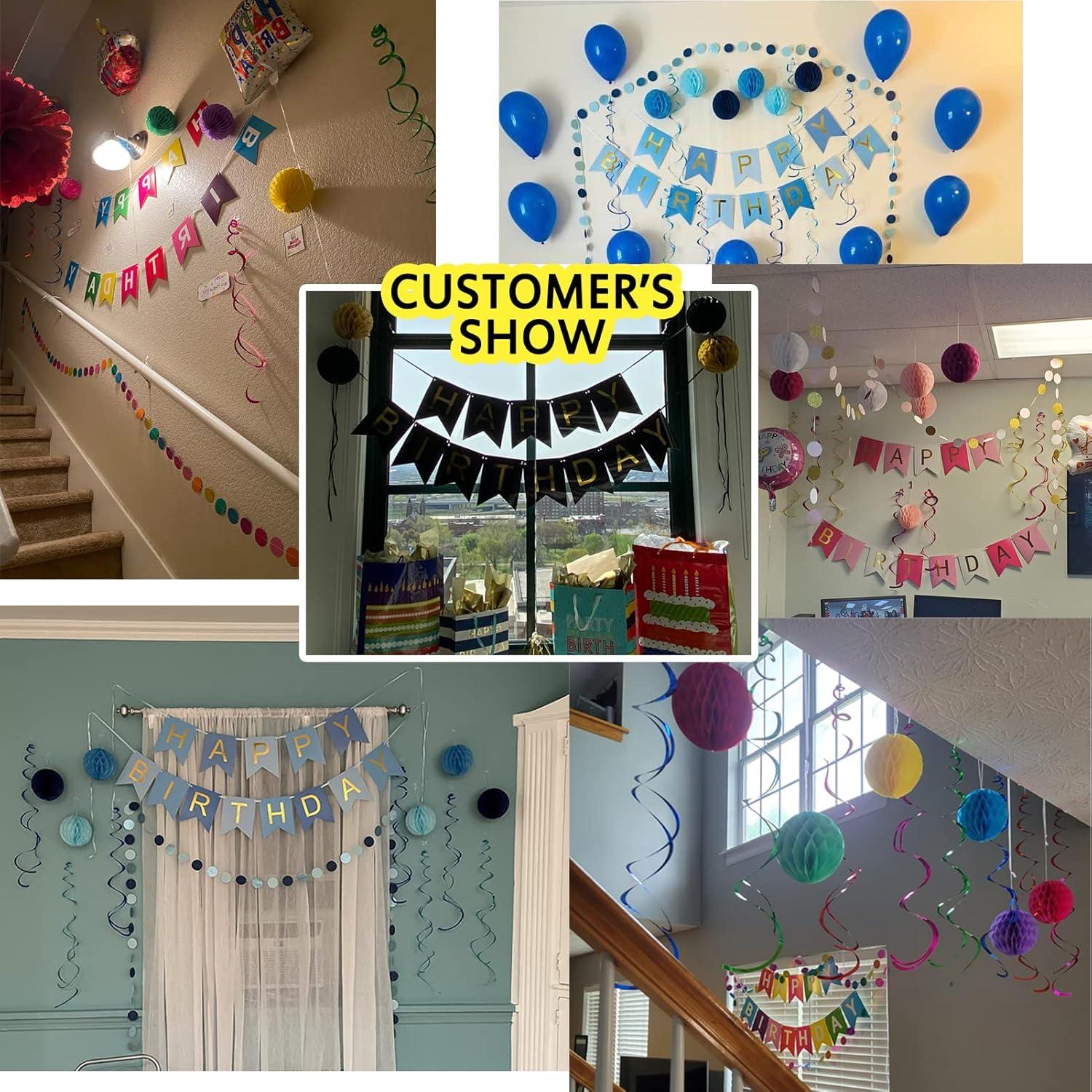 Happy Birthday Banner, Rainbow Birthday Banner, 6 Honeycomb Balls, 8 Metallic Hanging Swirls and Circle Parper Garland, Happy Birthday Decorations