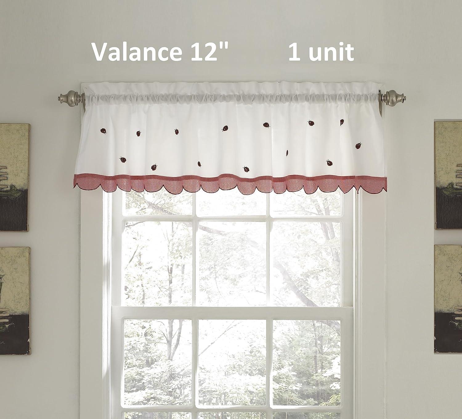 White and Red Floral Ladybug Rod Pocket Valance