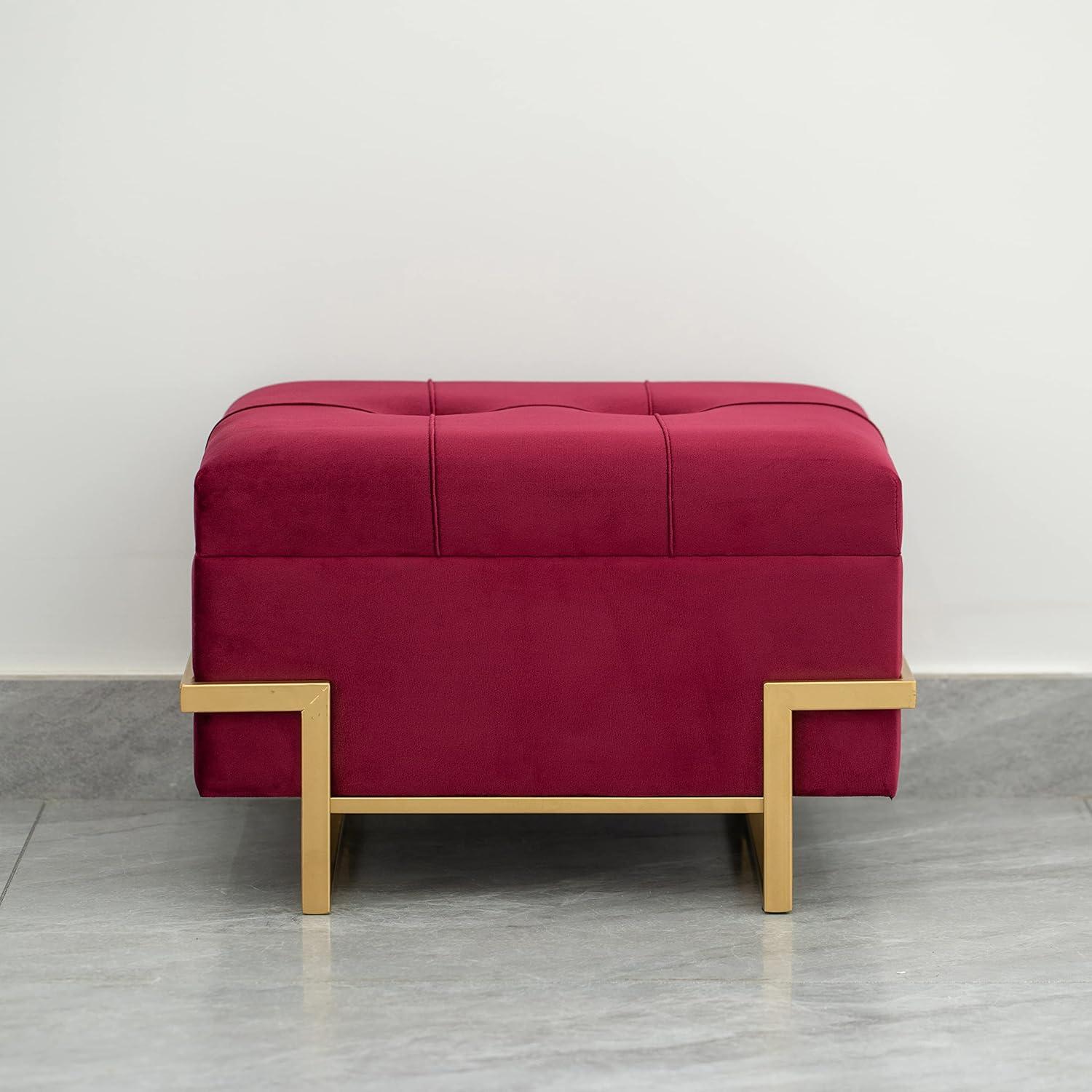 Velvet Red Storage Ottoman with Golden Abstract Legs