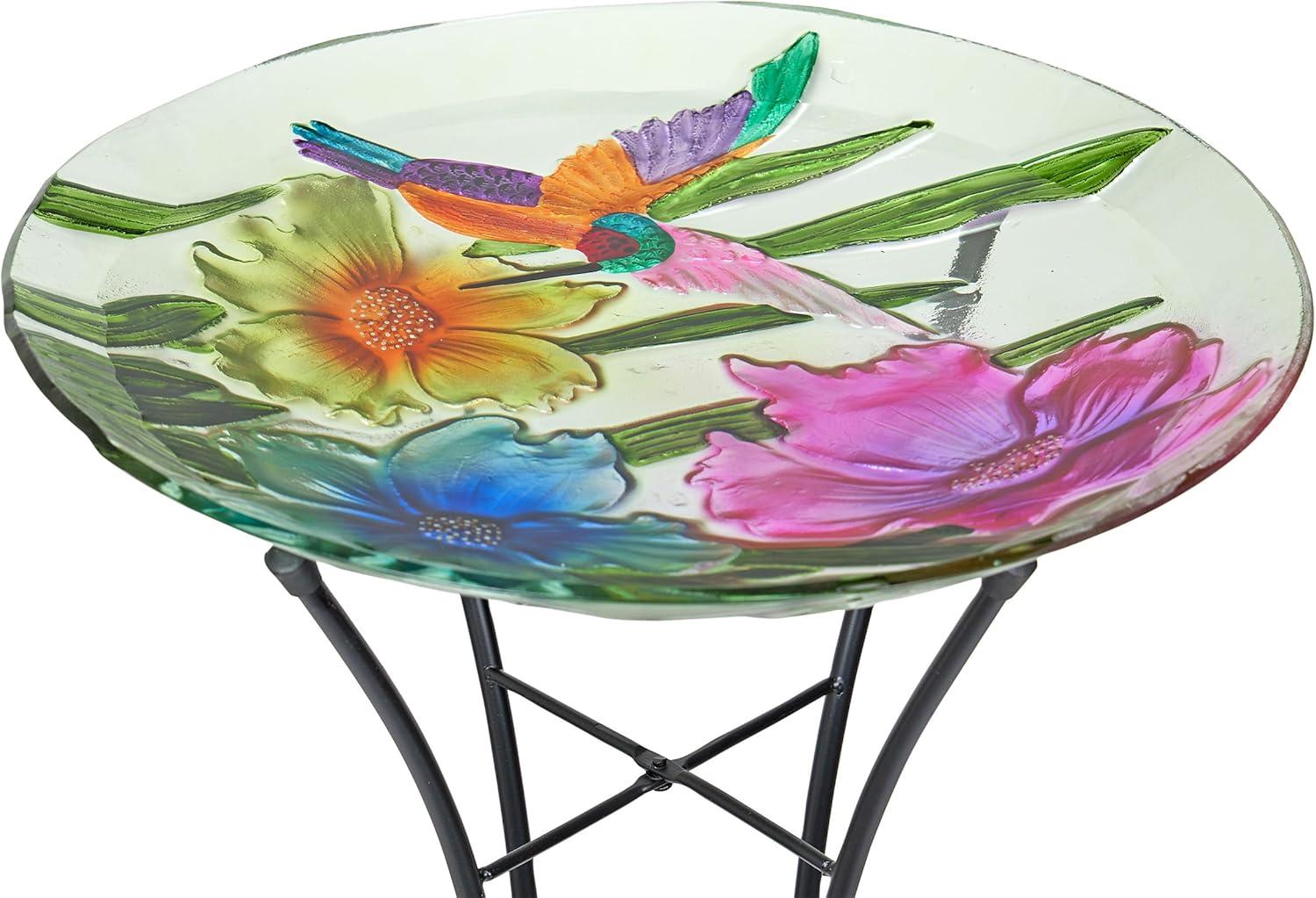 Colorful Glass Birdbath with Metal Stand, 18"