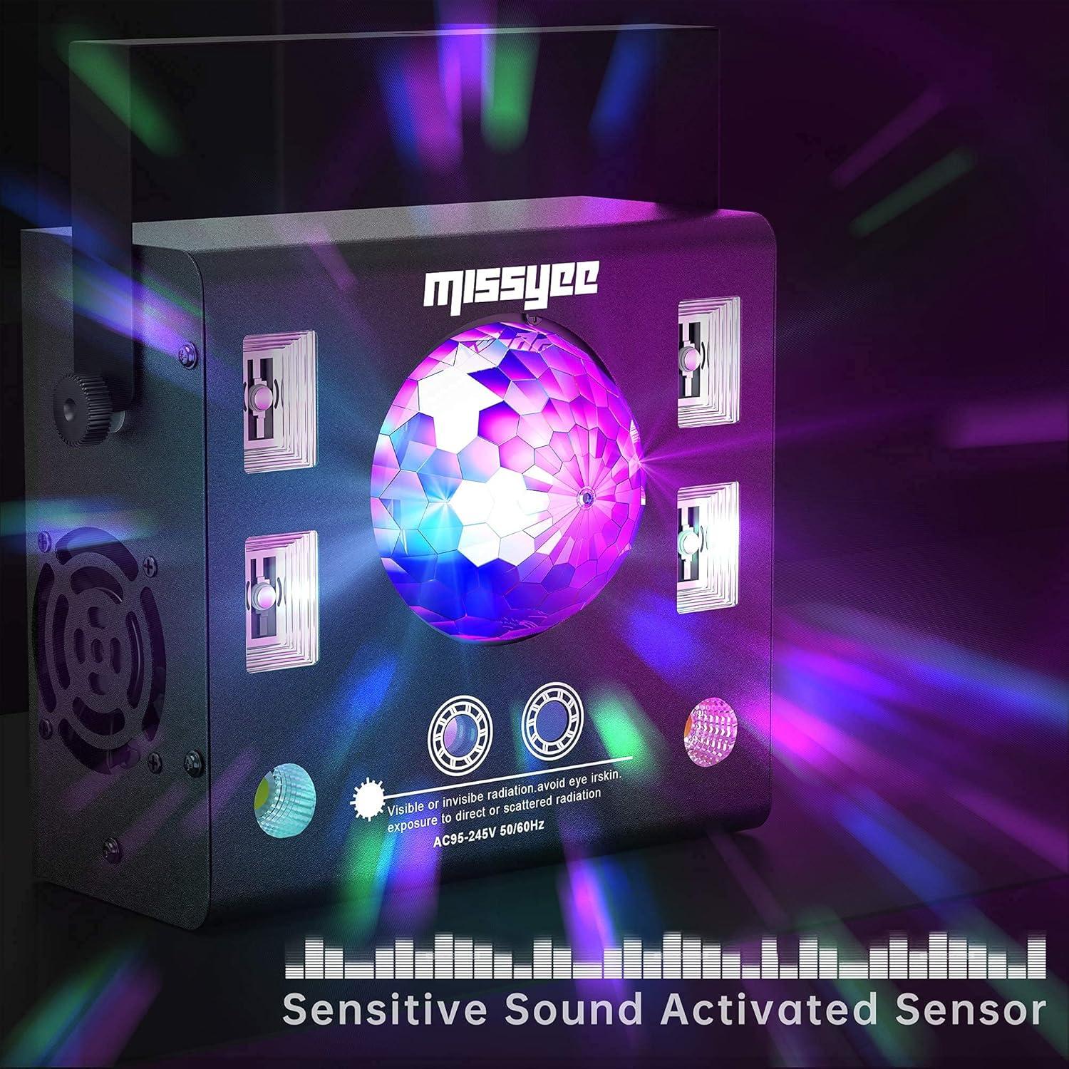 DJ Lights 4 in 1 with Disco Ball, LED Pattern & Strobe Sound Activated Stage Lights, Compatible with DMX Control for Home Dance Wedding Event Party