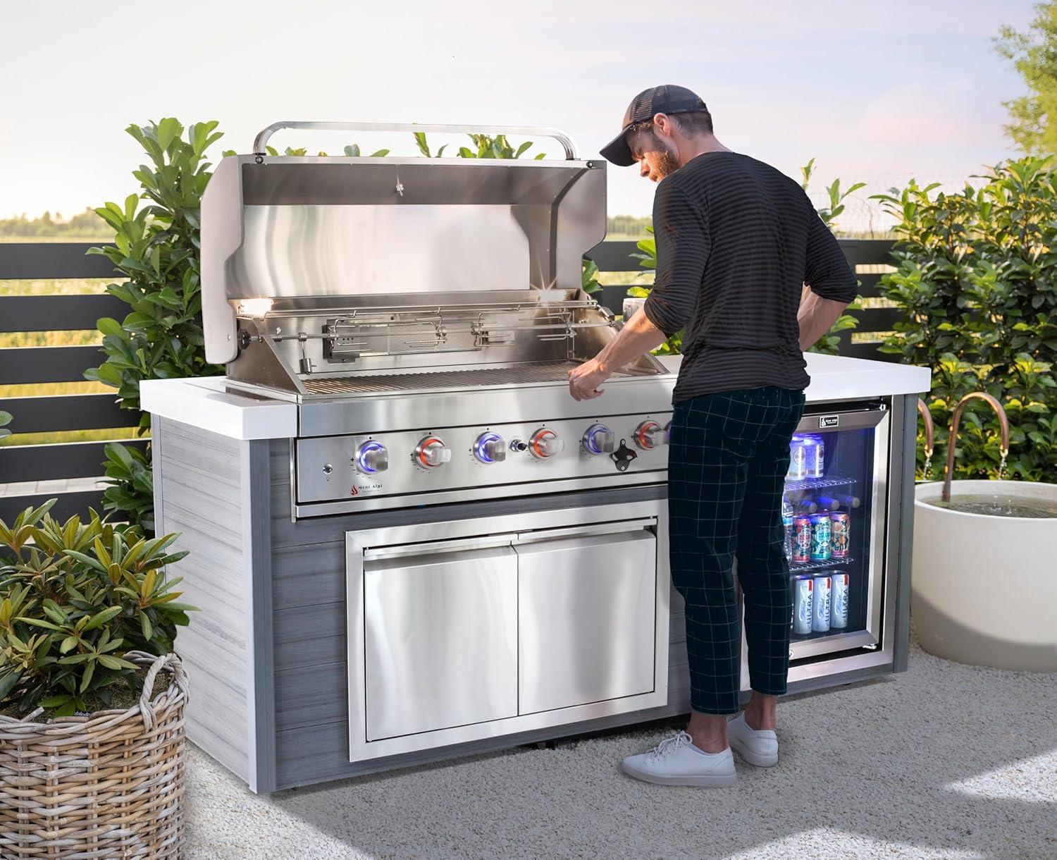 Mont Alpi MA805-AW Artwood Series High Density Polyethylene 6-Burner 87000 BTU Propane Natural Gas Stainless Steel Outdoor Kitchen Island Grill + Granite Countertops + Double Access Doors + Refrigerator
