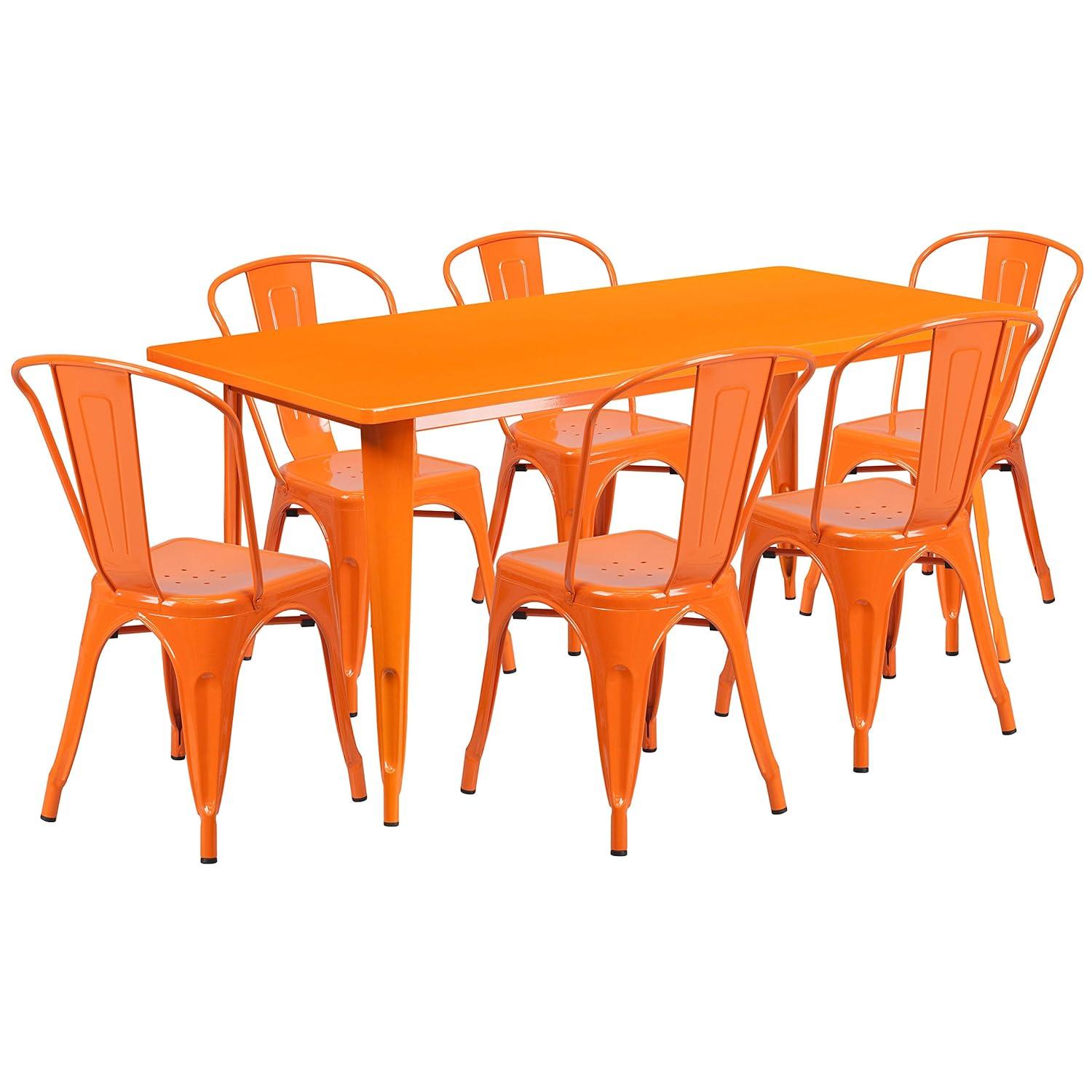 Flash Furniture Commercial Grade 31.5" x 63" Rectangular Black Metal Indoor-Outdoor Table Set with 6 Stack Chairs