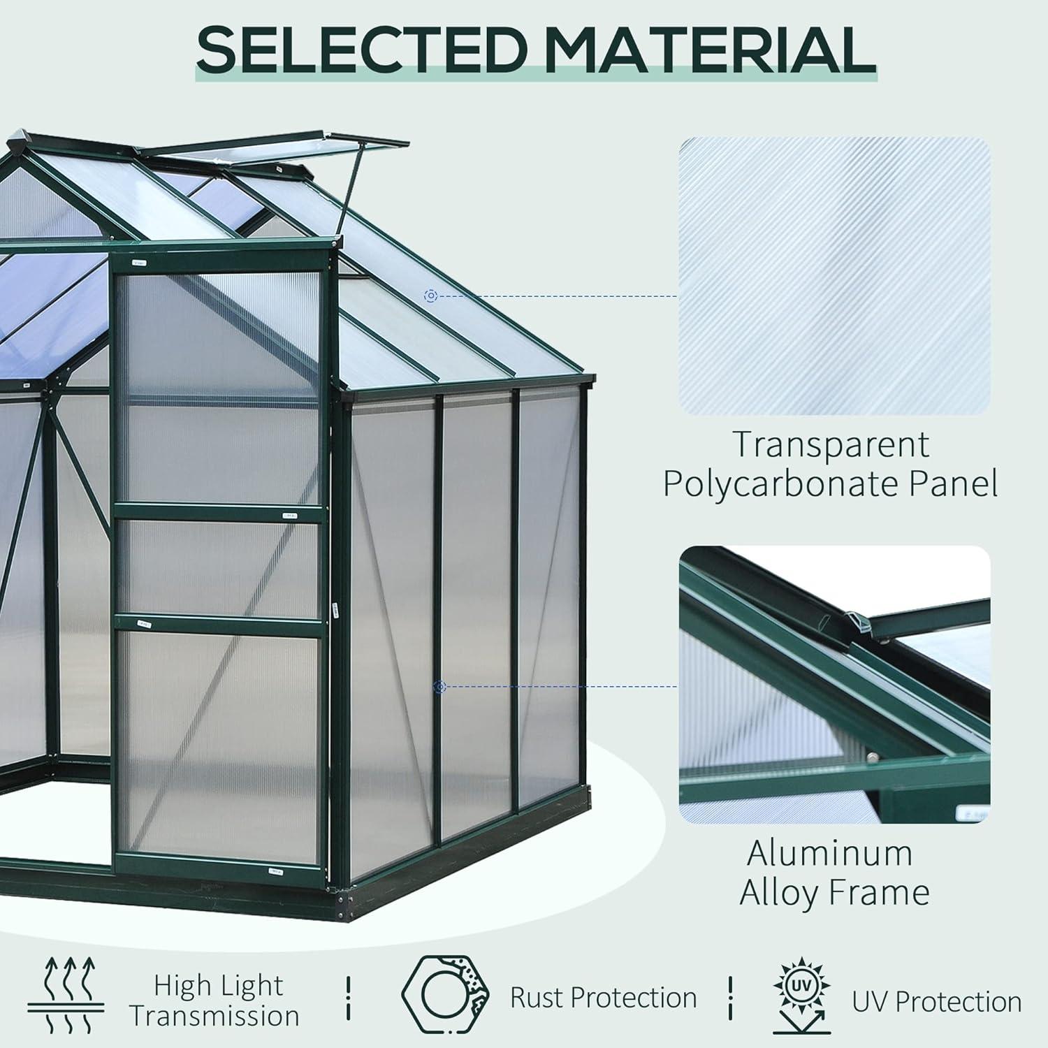 Outsunny 6' x 4' Greenhouse for Outdoors, Polycarbonate Greenhouse with Rain Gutter and Roof Vent, Aluminum Walk-in Green Houses for Outside for Patio Backyard Garden, Dark Green