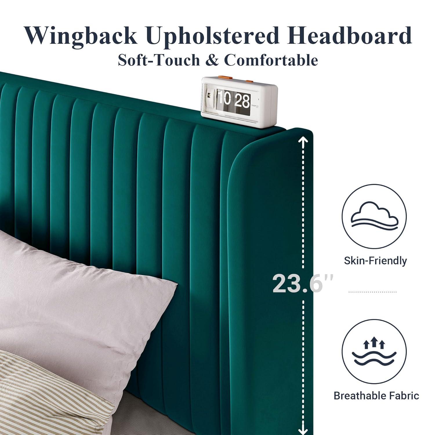 Candler Velvet Upholstered Platform Bed with Wingback Headboard and Wooden Slats