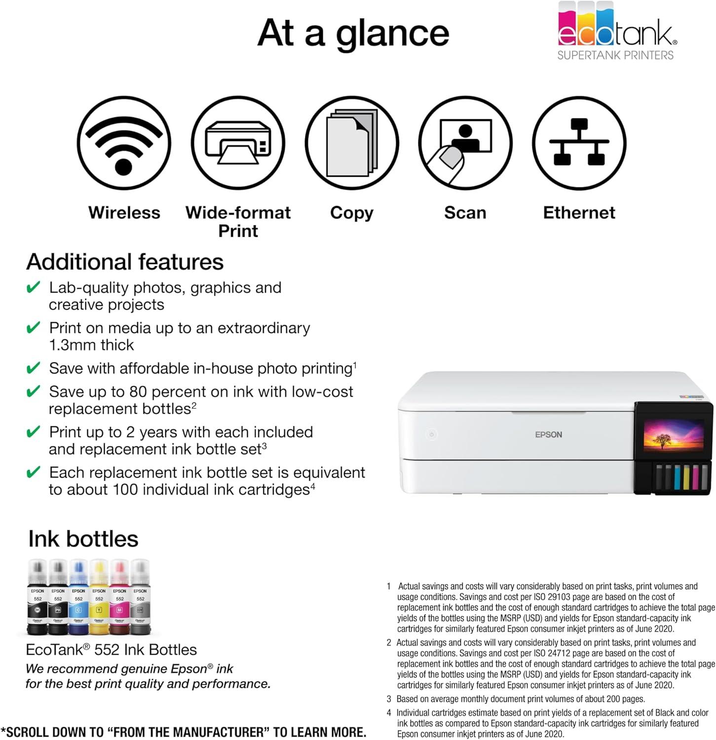 Epson EcoTank Photo ET-8550 Wireless Wide-Format Color All-in-One Supertank Printer with Scanner, Copier, Ethernet