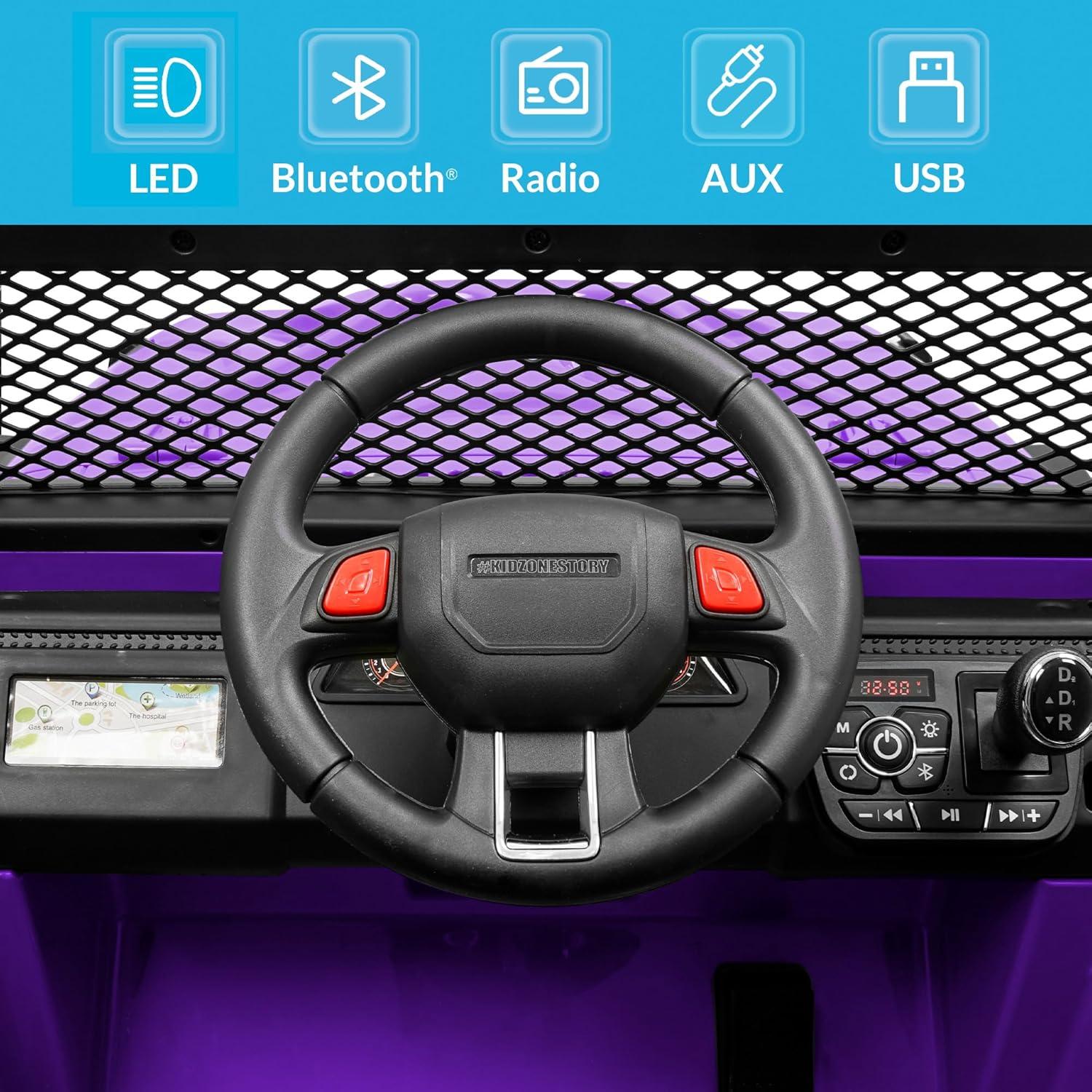 Kidzone 12V 3.8 MPH Kids 2-Seater Ride On Truck Car Electric Vehicles w/Personalize License Plate, 4-Wheeler Suspension, Parent Remote Control, MP3, LED Lights, 3 Speeds, Bluetooth, Radio - Purple