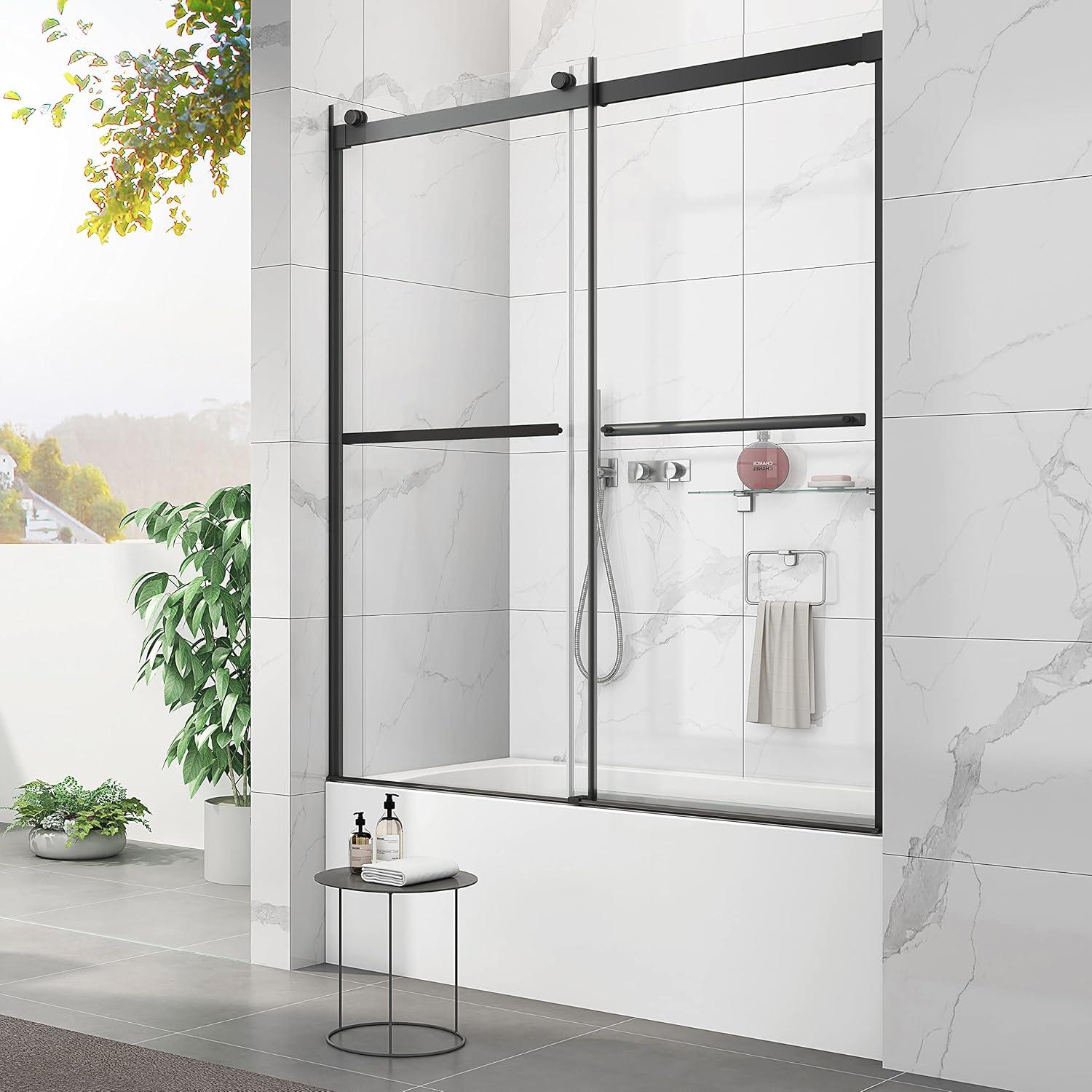 Matte Black Double Sliding Frameless Shower Door with Clear Tempered Glass