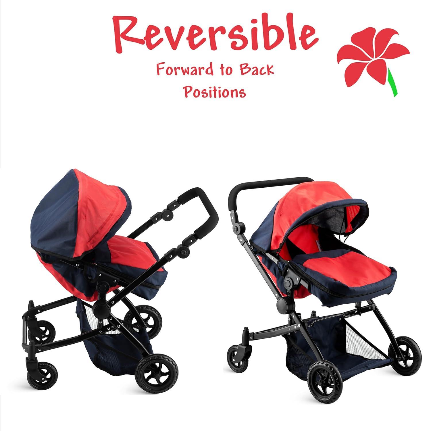 Double Doll Stroller for Twin Baby Dolls - Convertible Seat Toy Stroller for Toddlers 3 Years and up, Adjustable Handle with Storage Basket, Red Design for Kids