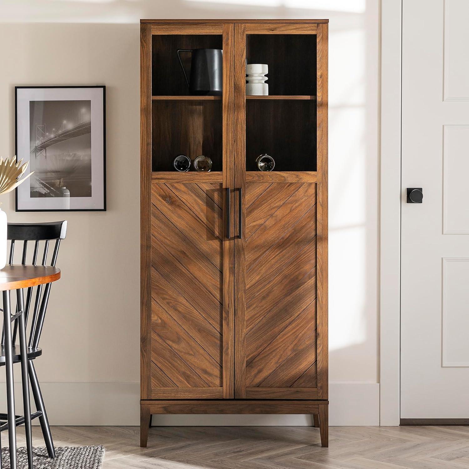 Dark Walnut Chevron Glass Door Storage Cabinet with Adjustable Shelves