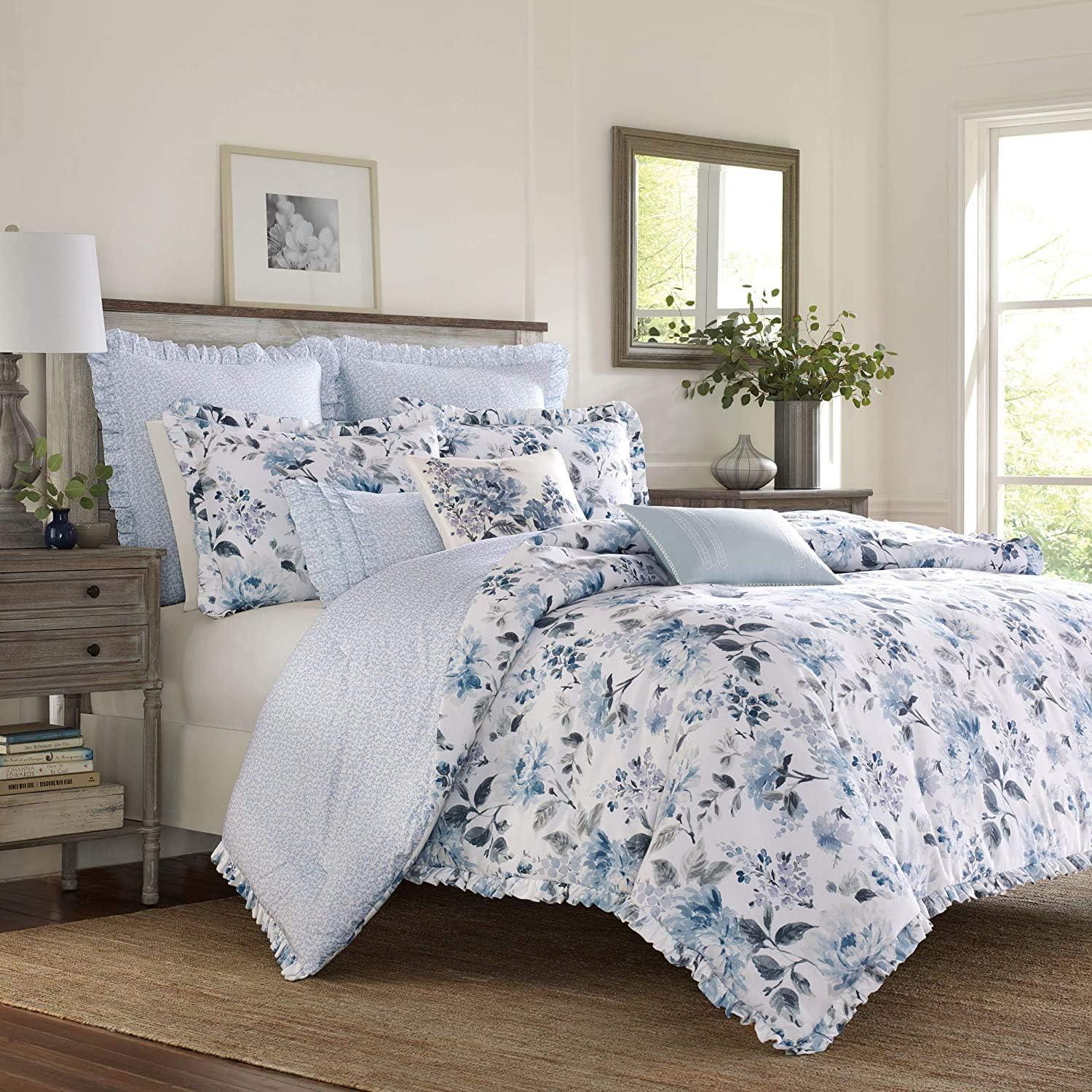 King Blue Cotton Ruffled Floral Duvet Cover Set