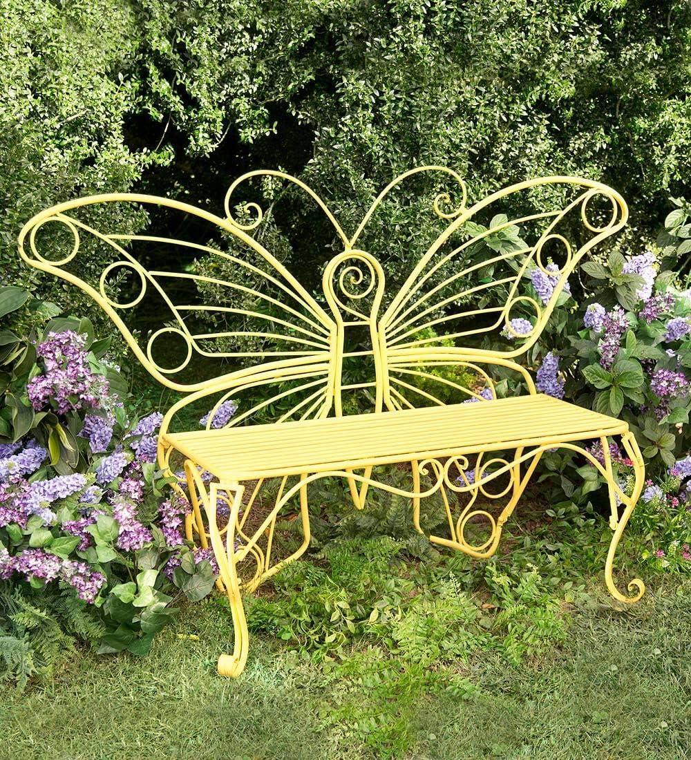 Ethereal Yellow Metal Butterfly-Inspired Garden Bench