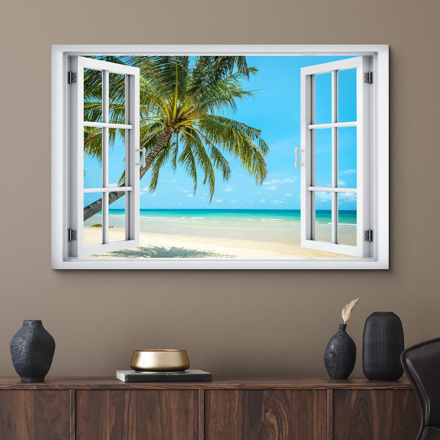 wall26 Canvas Print Wall Art Window View of Tropical Island Beach Paradise Nature Wilderness Photography Modern Art Rustic Scenic Colorful Ultra for Living Room, Bedroom, Office - 24"x36"