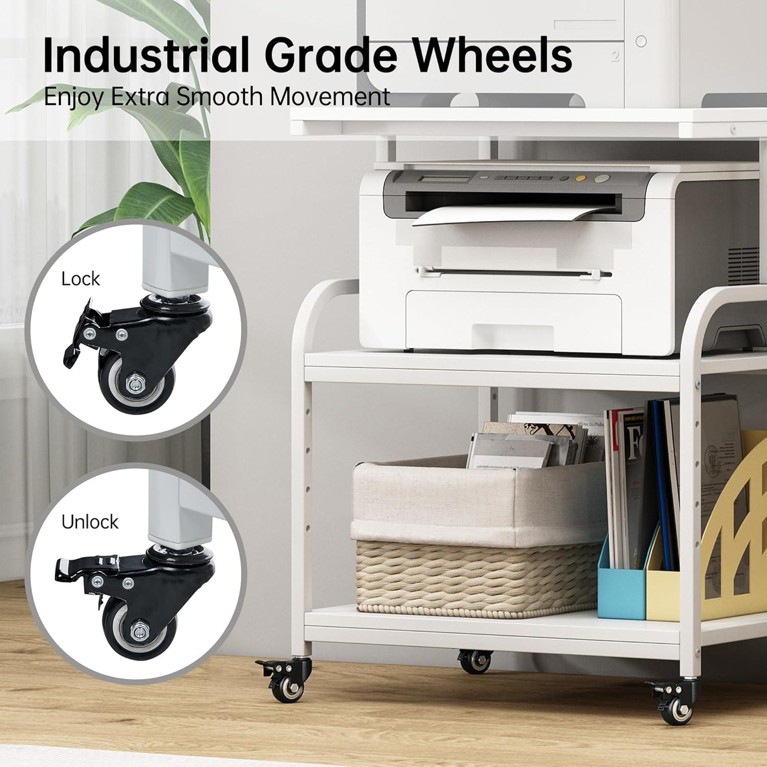 Printer Table, 23.6 x18.9 x 29.5 Inches Large Printer Stand with Height Adjustable Storage Shelf, 3 Tier Rolling Printer Cart Furniture with Wheels for Home Office, White & Black