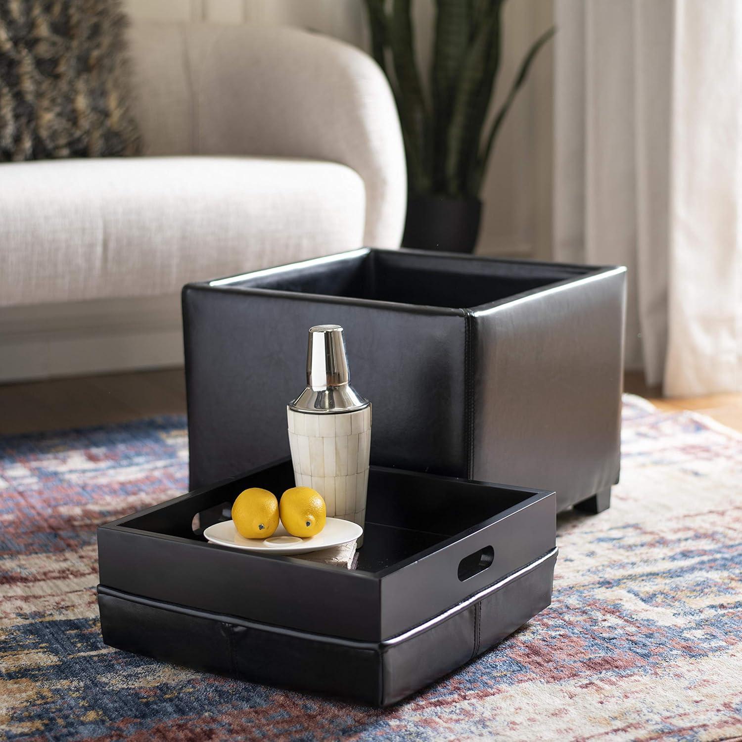 Gray Transitional Birch Wood Tray Storage Ottoman