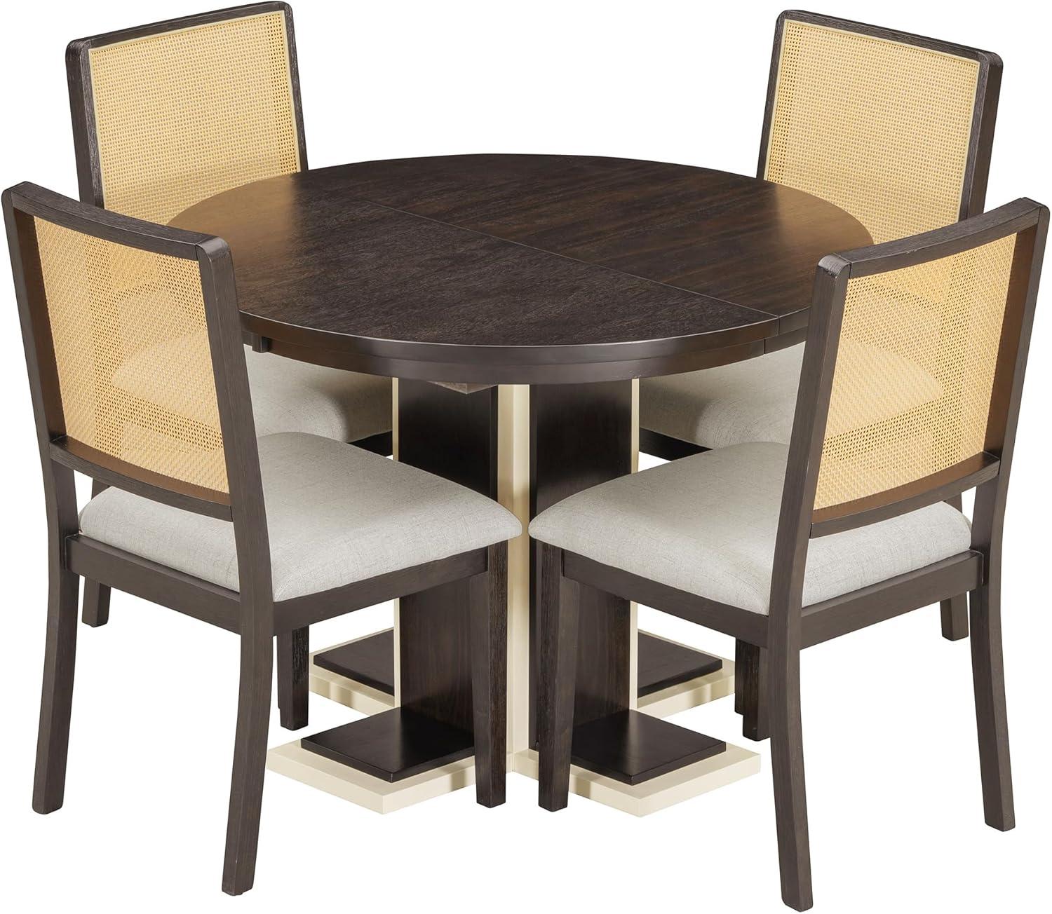 Bellemave Extendable Dining Table Set for 4, 5-Piece Round Table Set with 4 Chairs, Circle Table with Upholstered Chairs, Oval Kitchen Table Set with Extendable Table (Natural Wood Wash)