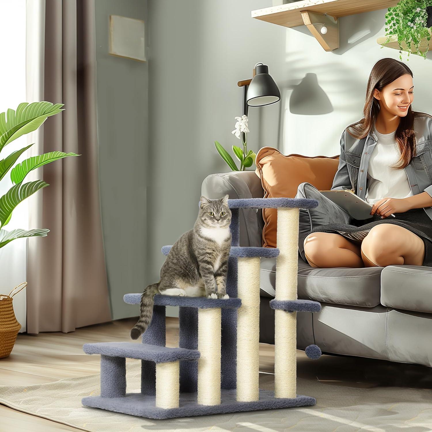 PawHut 4 Levels Cat Steps, Pet Stairs Carpeted Ladder, Kitten Tree Climber with Scratching Posts, Hanging Play Ball, Side Step, Gray