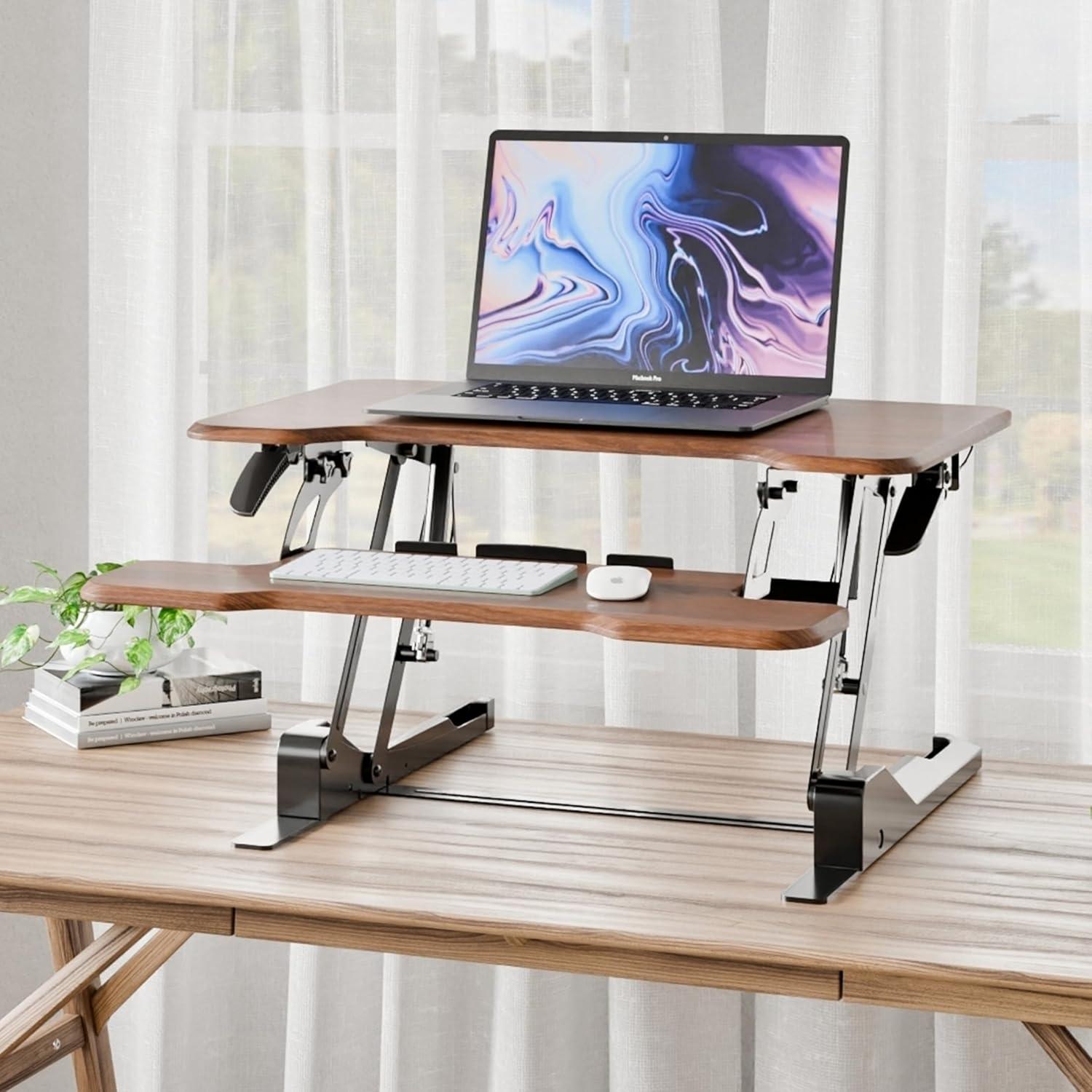 Mount-It! Compact Standing Desk Converter with 30" Desktop, Dark Walnut Woodgrain