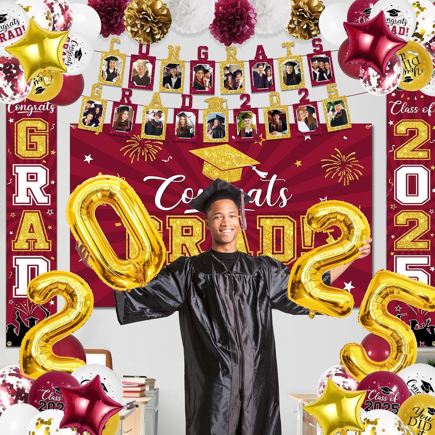 2025 Graduation Party Decoration, Red Gold Themed Set with Congrats Grad Banner, Balloons, Foil Number 2025 for Class of 2025 Graduation Party Supplies