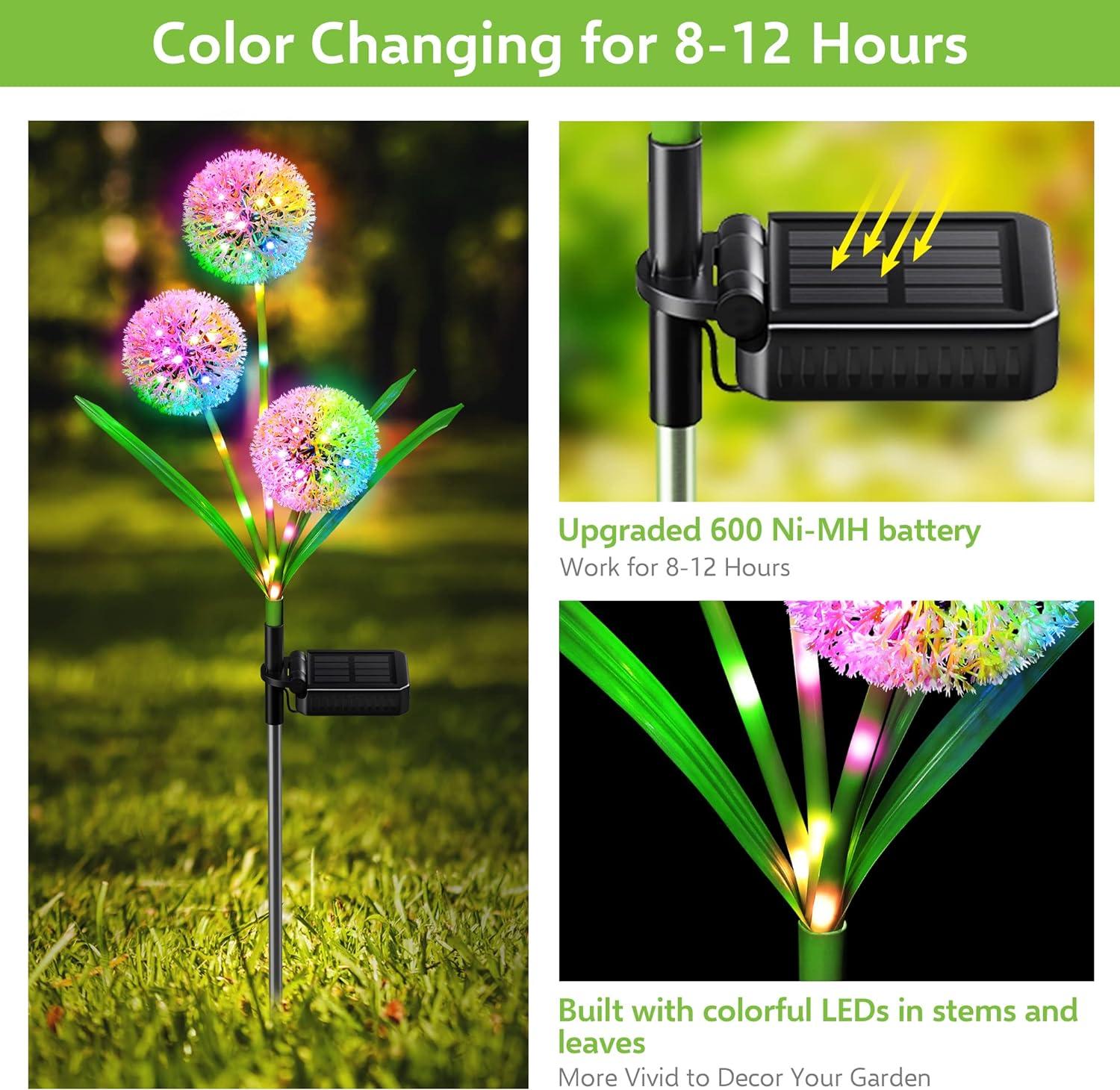 Solar Garden Lights Outdoor, 2 Pack 36 LED Solar Dandelion Lights, Waterproof Colorful Solar Lights for Yard, Lawn, Pathway and Wedding