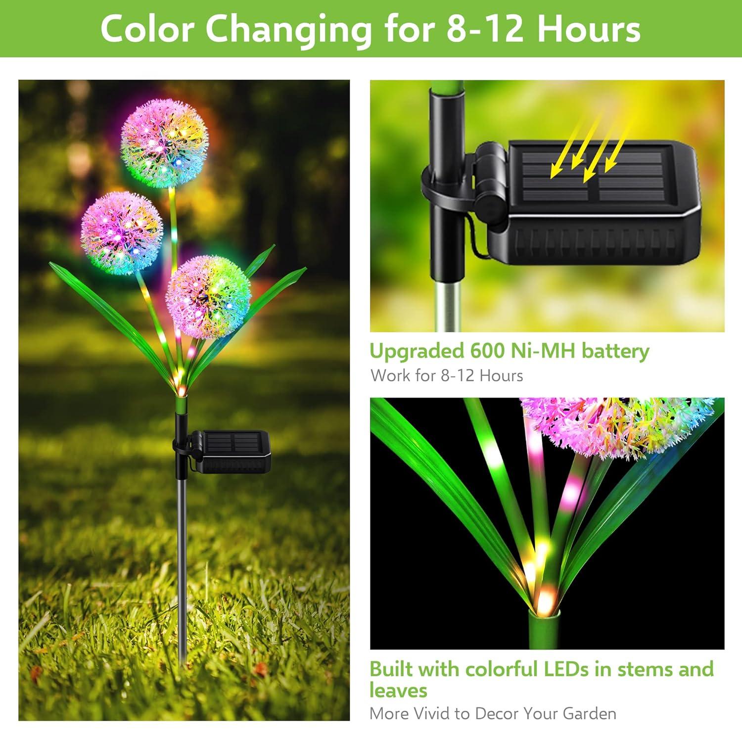 Solar Garden Lights Outdoor, 2 Pack 36 LED Solar Dandelion Lights, Waterproof Colorful Solar Lights for Yard, Lawn, Pathway and Wedding
