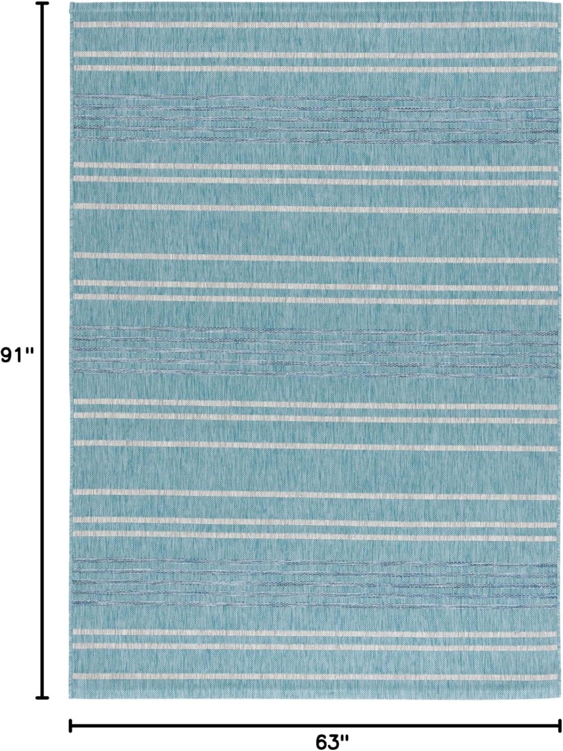 Aqua and Gray Striped Rectangular Indoor/Outdoor Rug