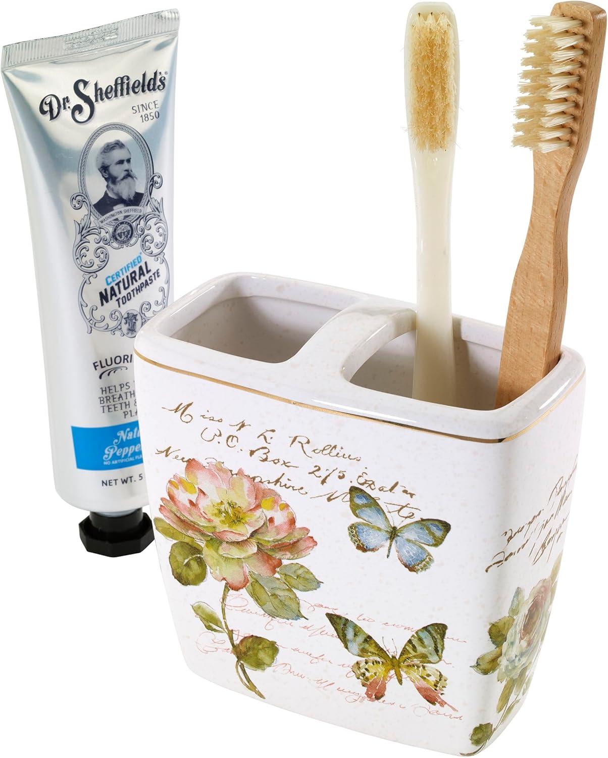 Butterfly Garden Ceramic Toothbrush Holder with Gold Trim